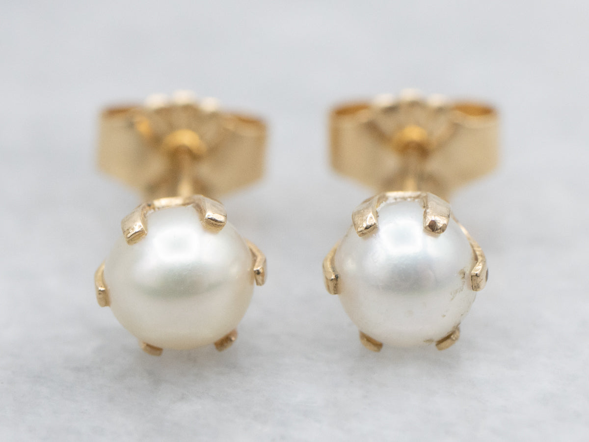 Classic Vintage White Pearl Stud Earrings in Yellow Gold