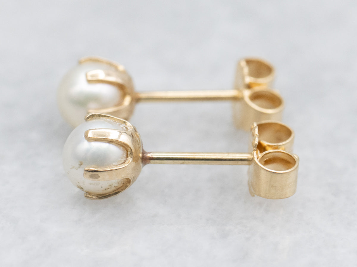 Classic Vintage White Pearl Stud Earrings in Yellow Gold