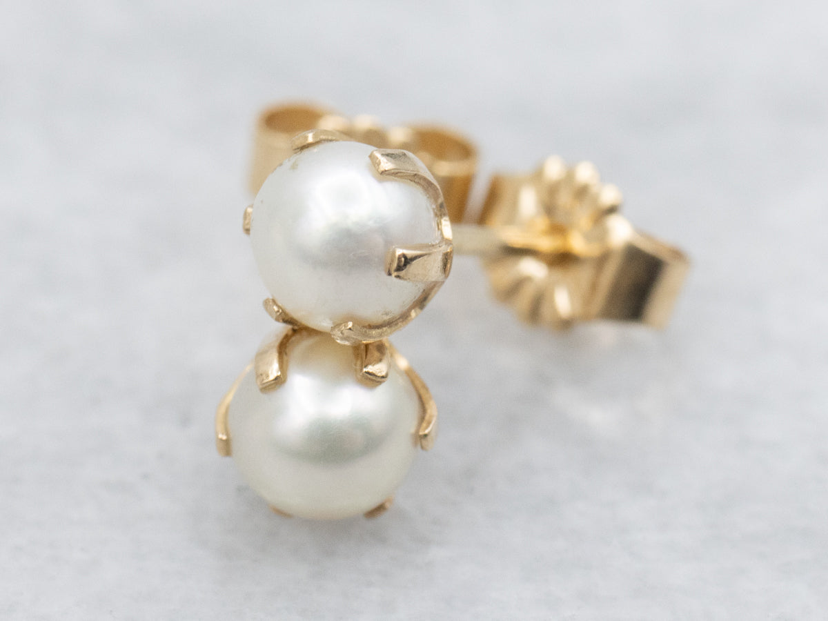 Classic Vintage White Pearl Stud Earrings in Yellow Gold