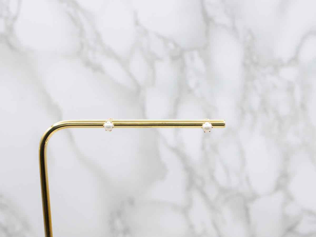 Classic Vintage White Pearl Stud Earrings in Yellow Gold