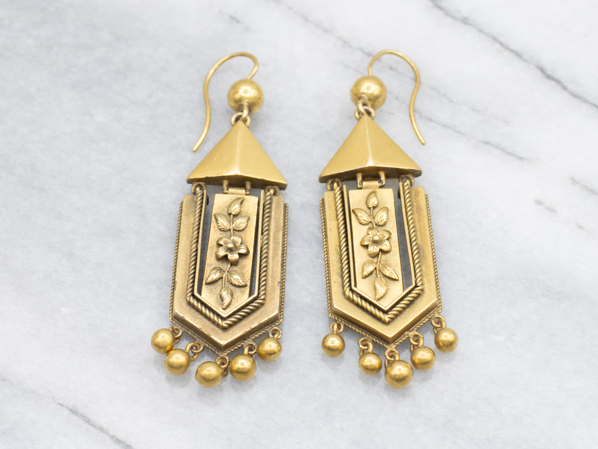 Antique Bloomed Gold Floral Drop Earrings, Etruscan Revival