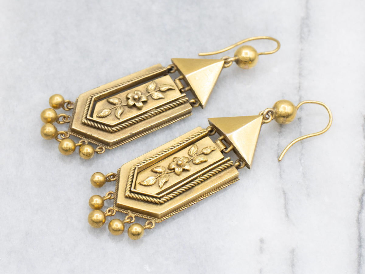 Antique Bloomed Gold Floral Drop Earrings, Etruscan Revival