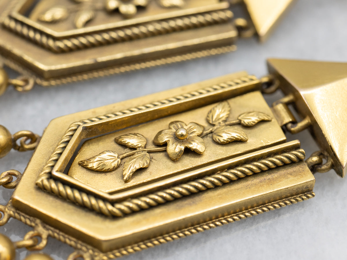 Antique Bloomed Gold Floral Drop Earrings, Etruscan Revival