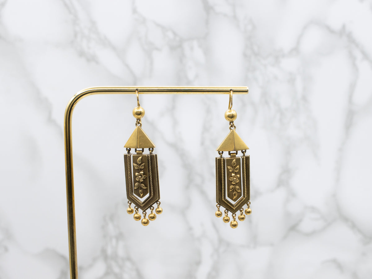Antique Bloomed Gold Floral Drop Earrings, Etruscan Revival