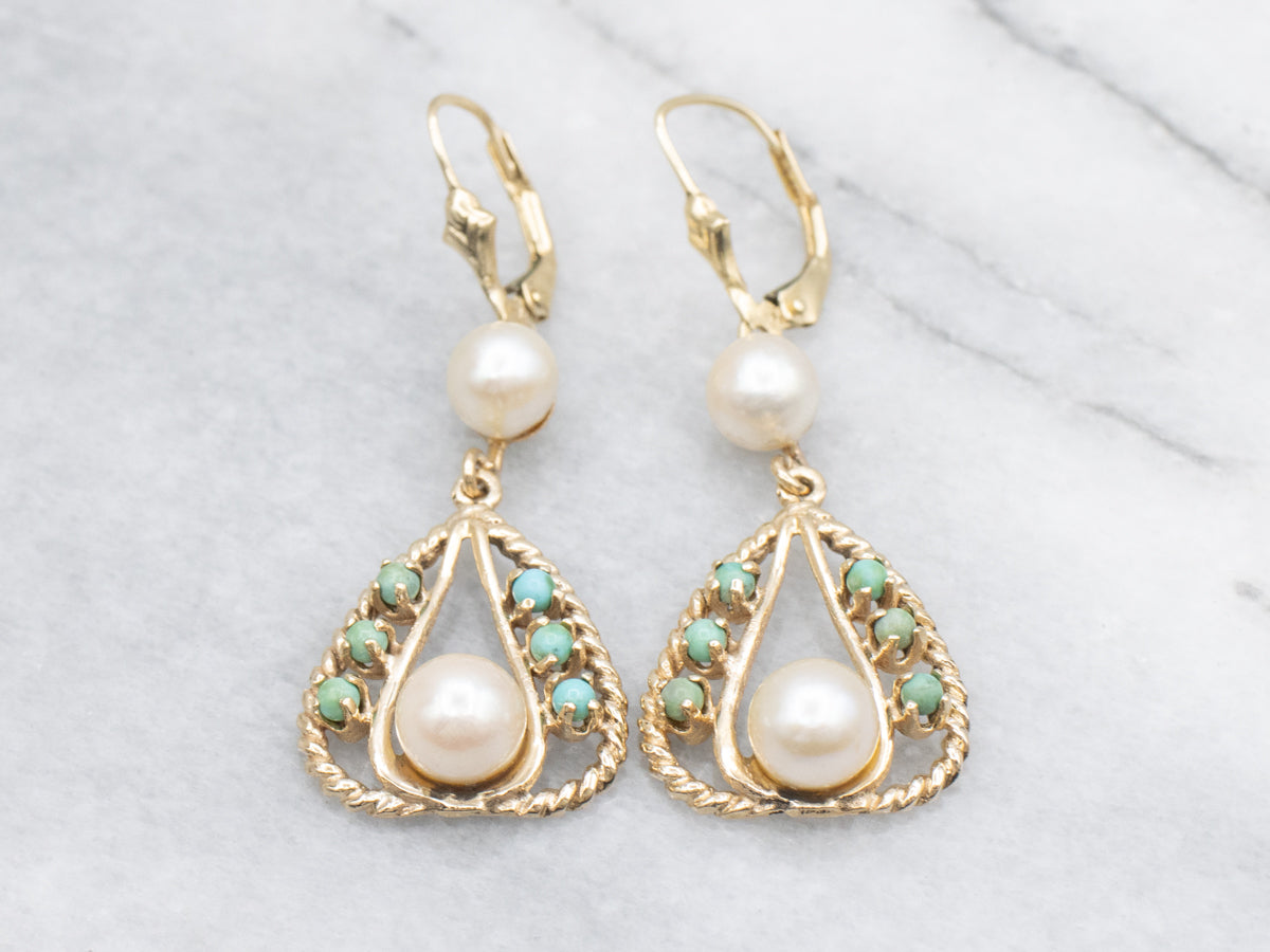 14K Yellow Gold Pearl and Turquoise Drop Earrings, Bohemian Jewelry