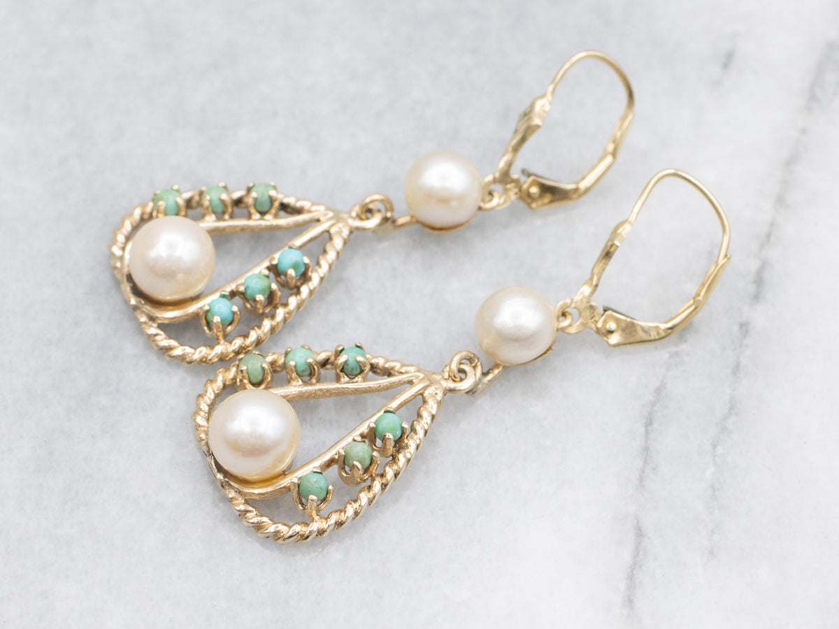 14K Yellow Gold Pearl and Turquoise Drop Earrings, Bohemian Jewelry