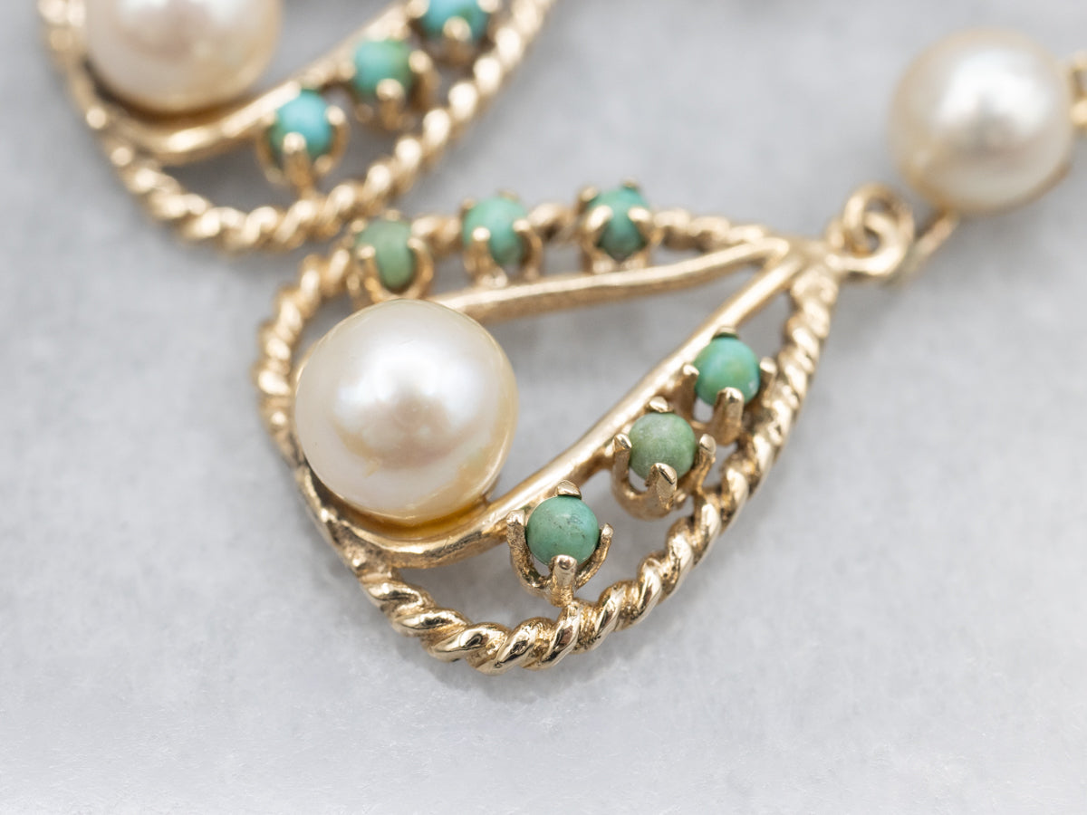 14K Yellow Gold Pearl and Turquoise Drop Earrings, Bohemian Jewelry