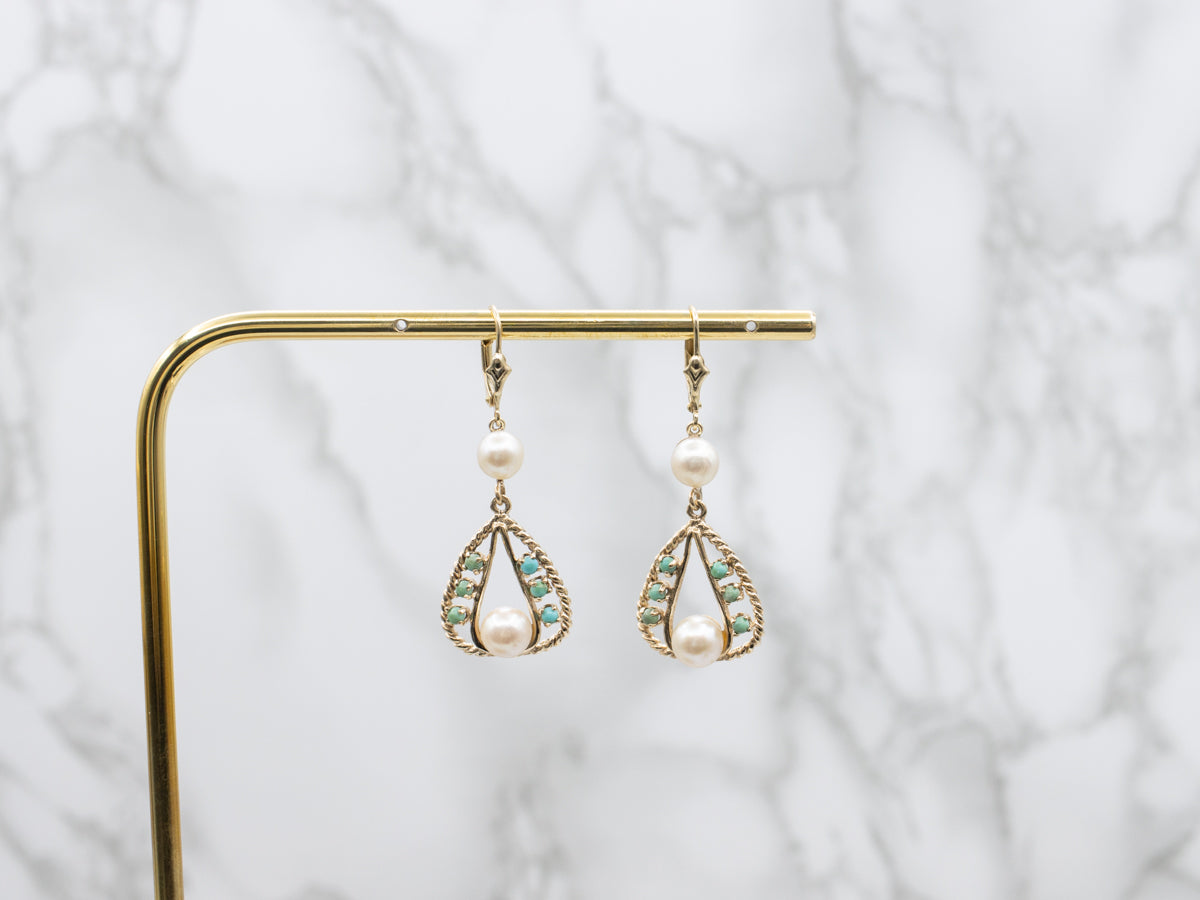 14K Yellow Gold Pearl and Turquoise Drop Earrings, Bohemian Jewelry