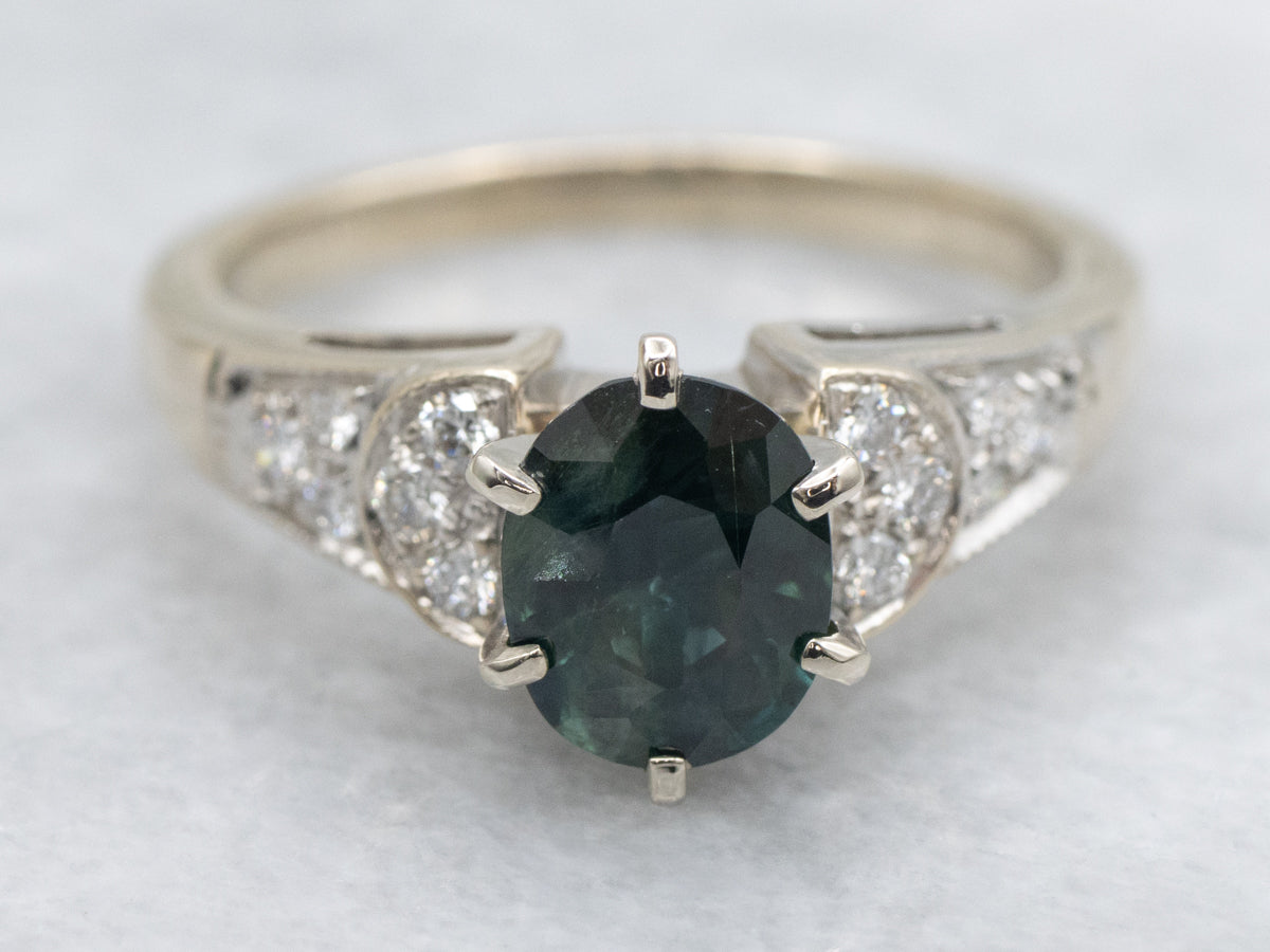 Modern Blue-Green Sapphire and Diamond Engagement Ring in 18-Karat White Gold