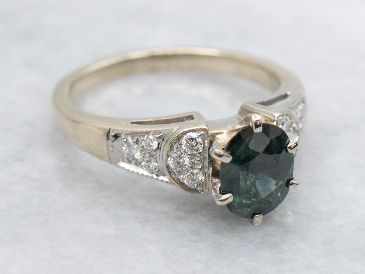Modern Blue-Green Sapphire and Diamond Engagement Ring in 18-Karat White Gold