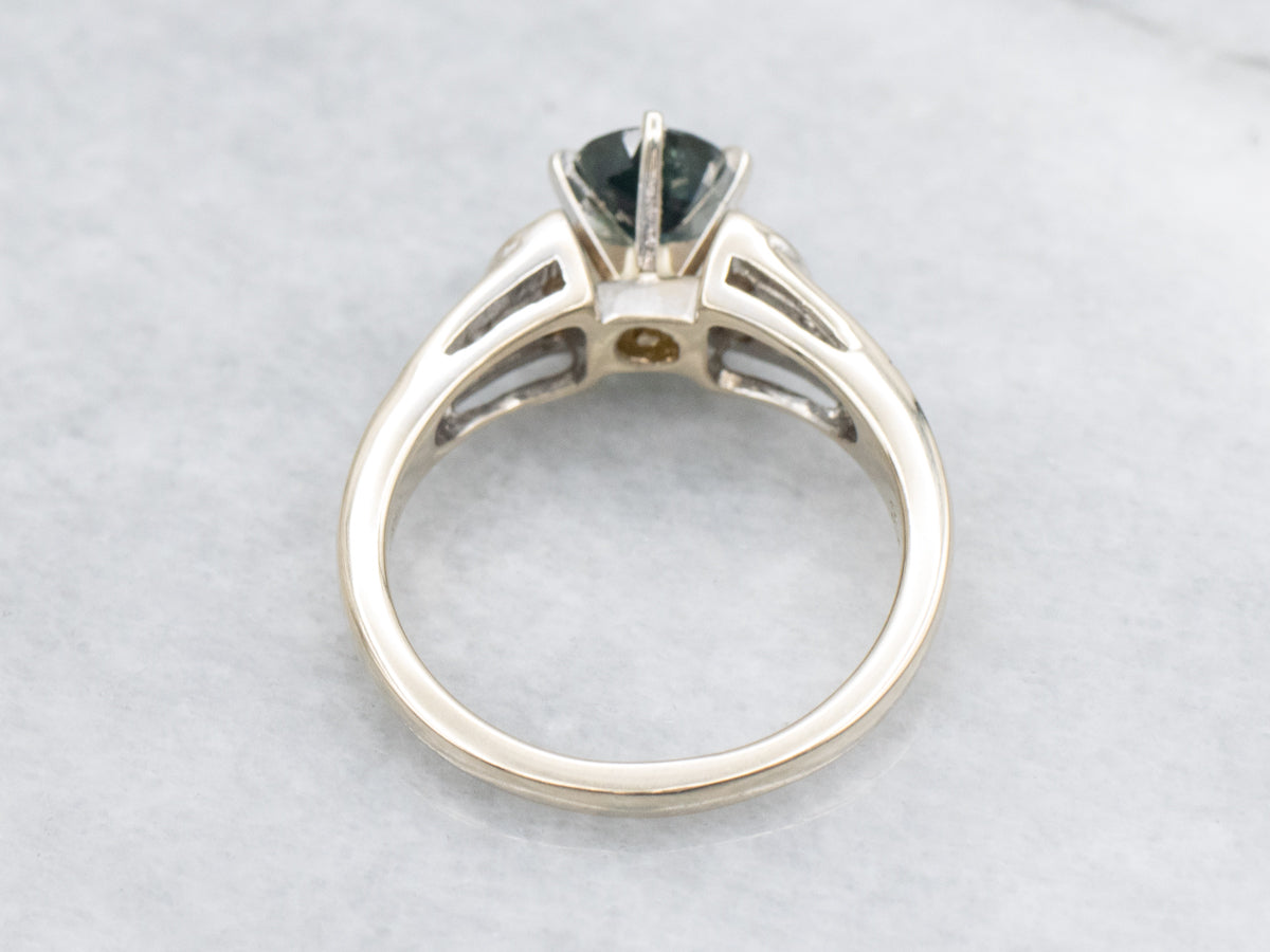 Modern Blue-Green Sapphire and Diamond Engagement Ring in 18-Karat White Gold