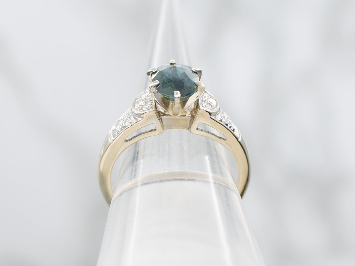 Modern Blue-Green Sapphire and Diamond Engagement Ring in 18-Karat White Gold