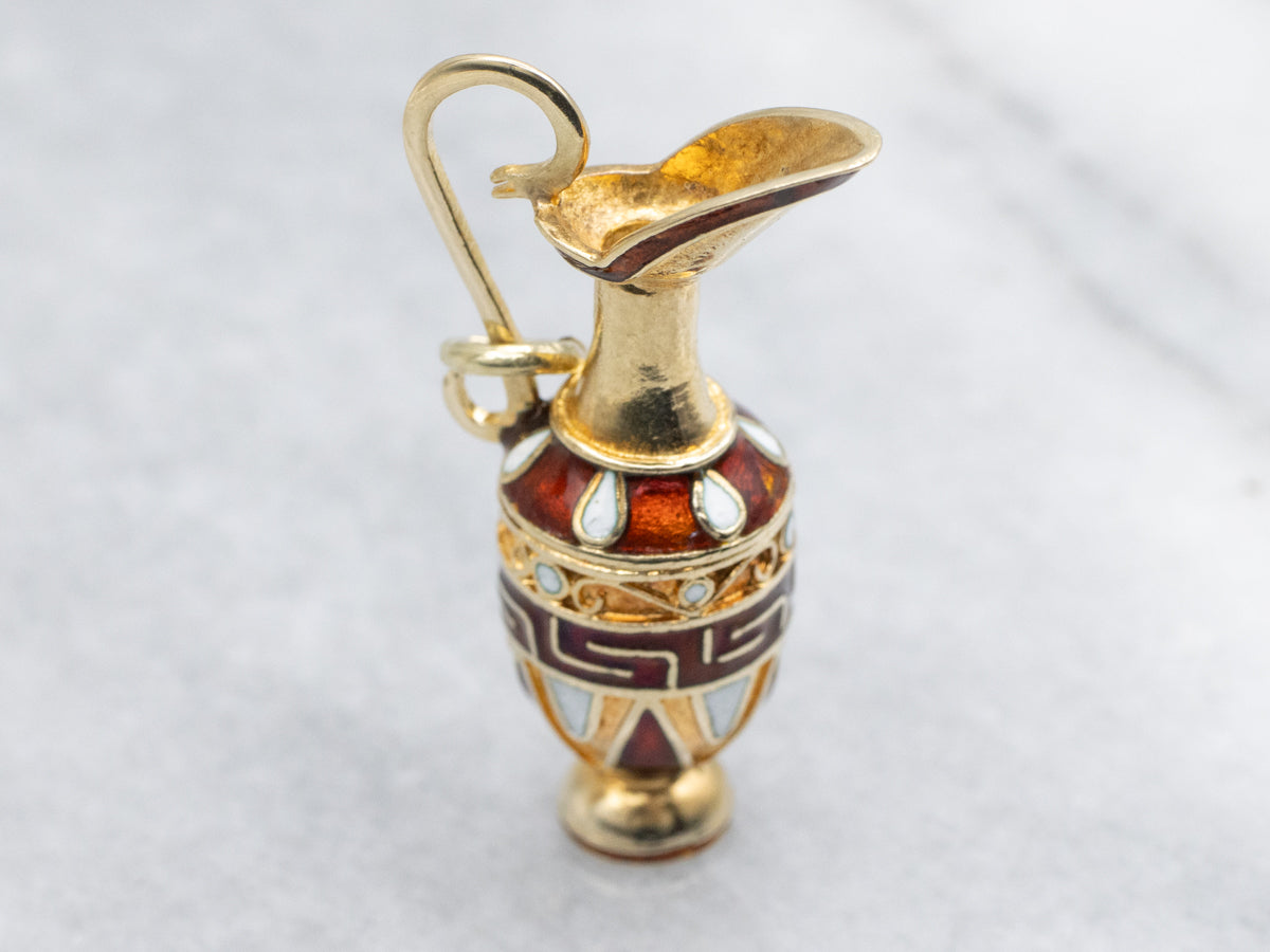 Vintage 14K Yellow Gold Red and White Enamel Grecian Vase Charm