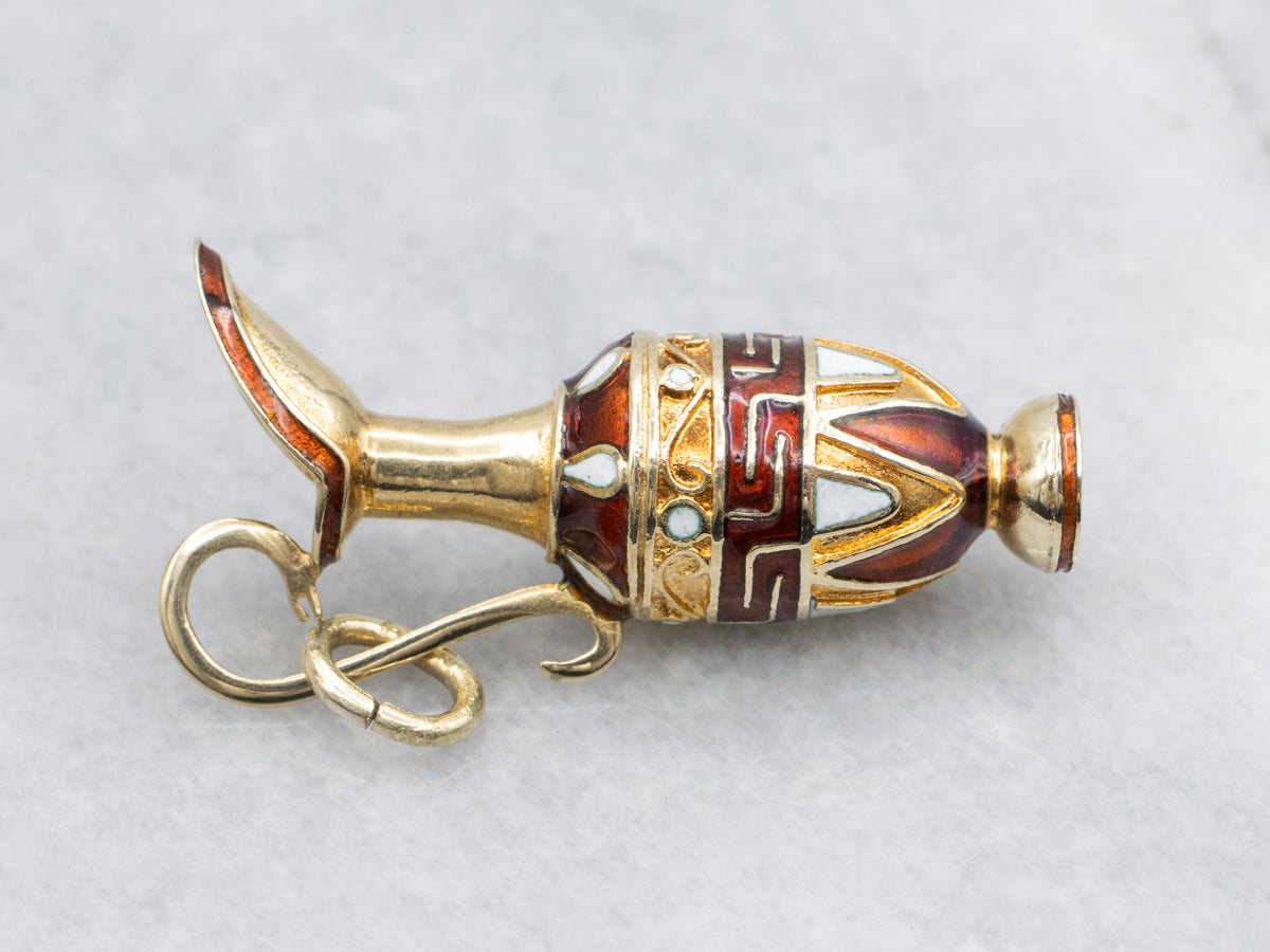 Vintage 14K Yellow Gold Red and White Enamel Grecian Vase Charm