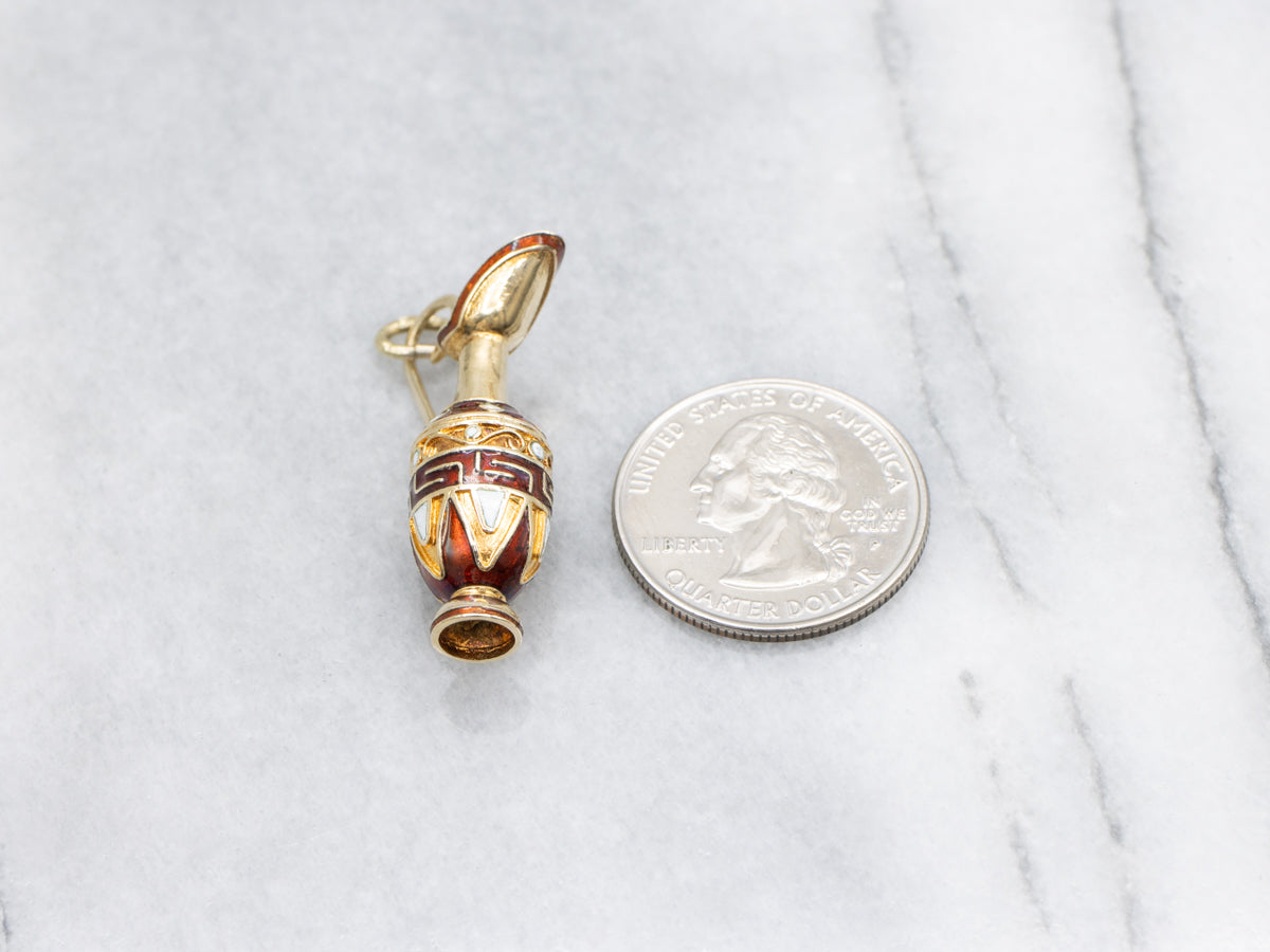 Vintage 14K Yellow Gold Red and White Enamel Grecian Vase Charm