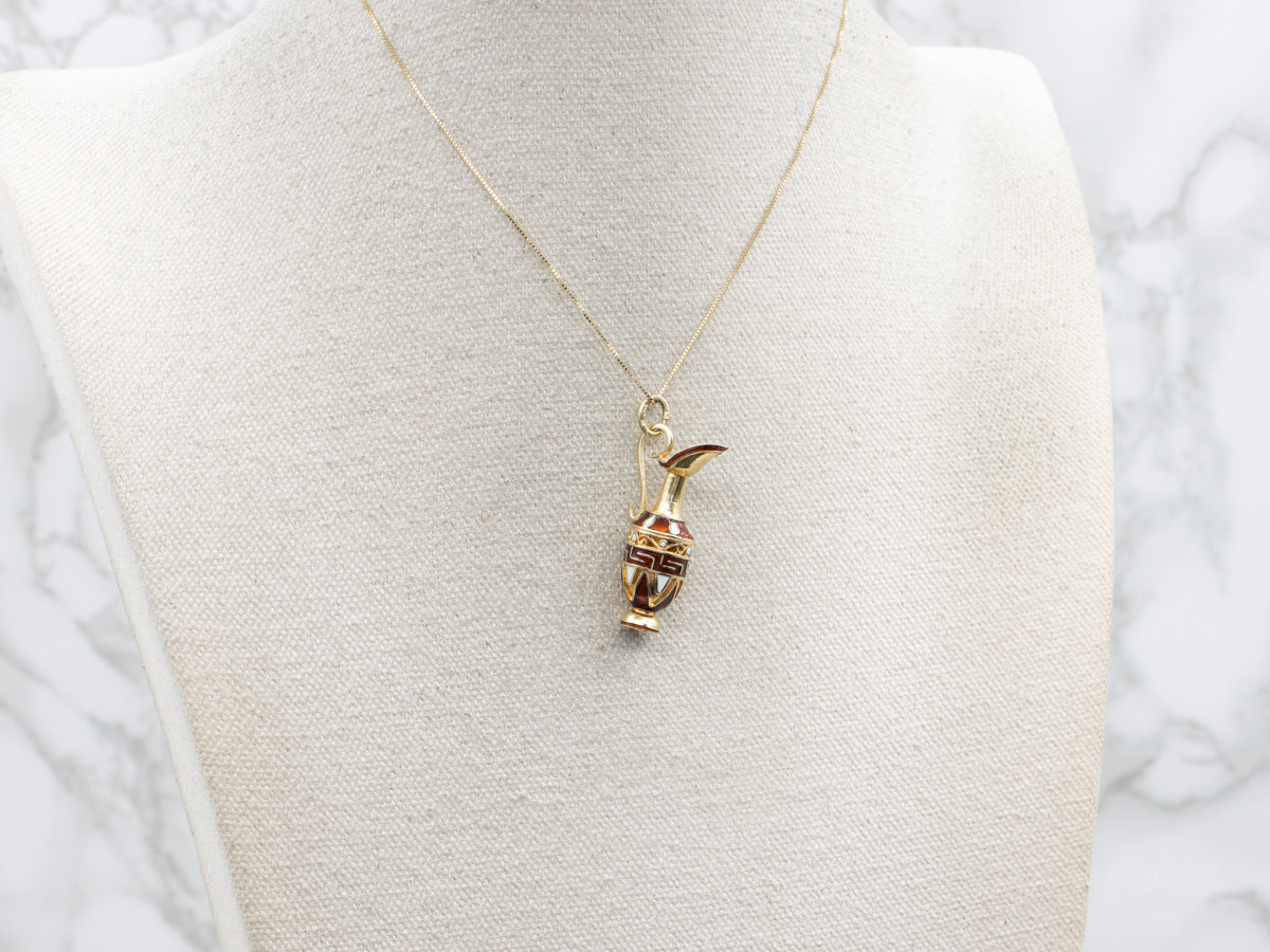 Vintage 14K Yellow Gold Red and White Enamel Grecian Vase Charm