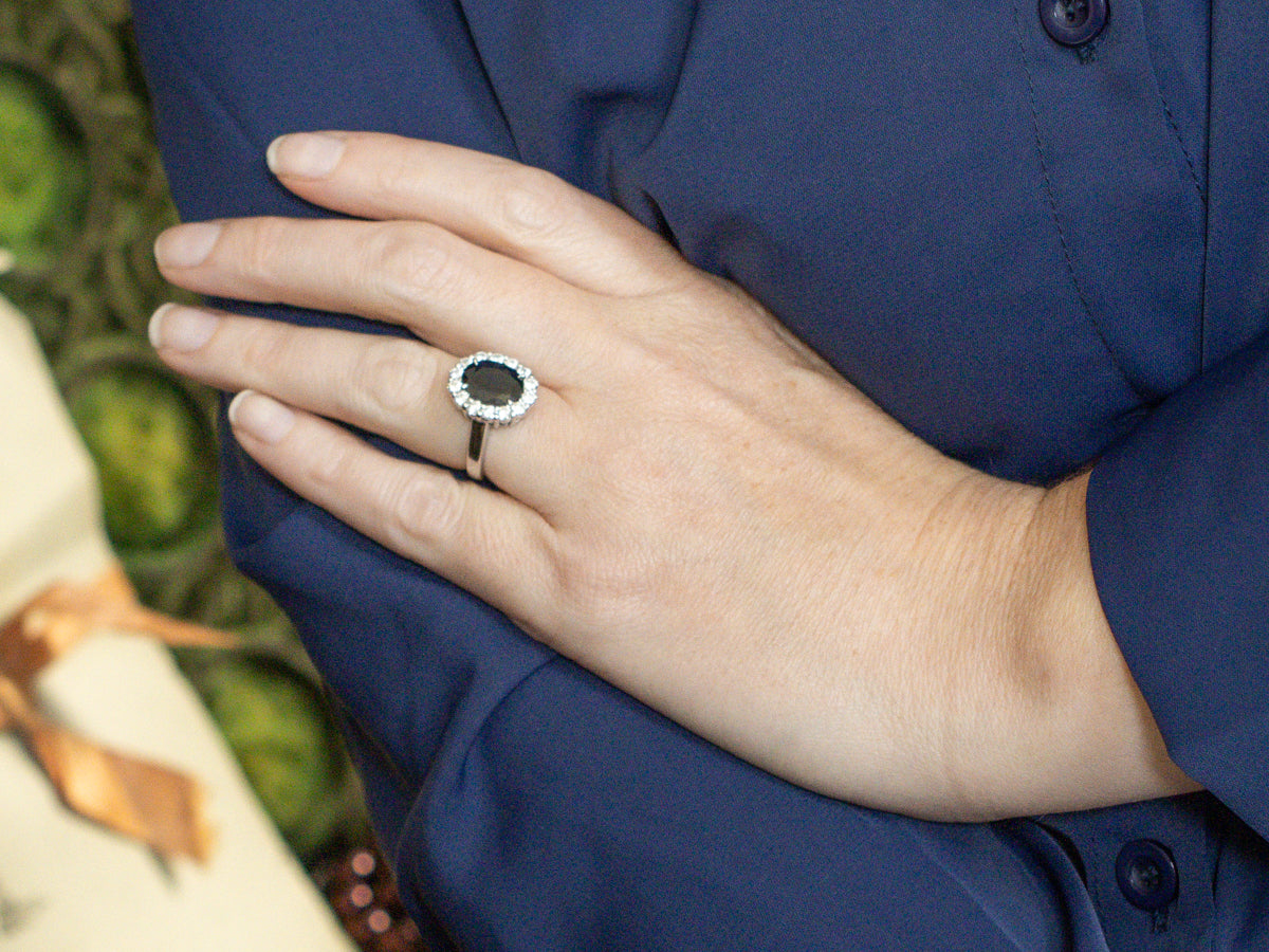 Deep Blue Sapphire and Diamond Modern Halo Ring