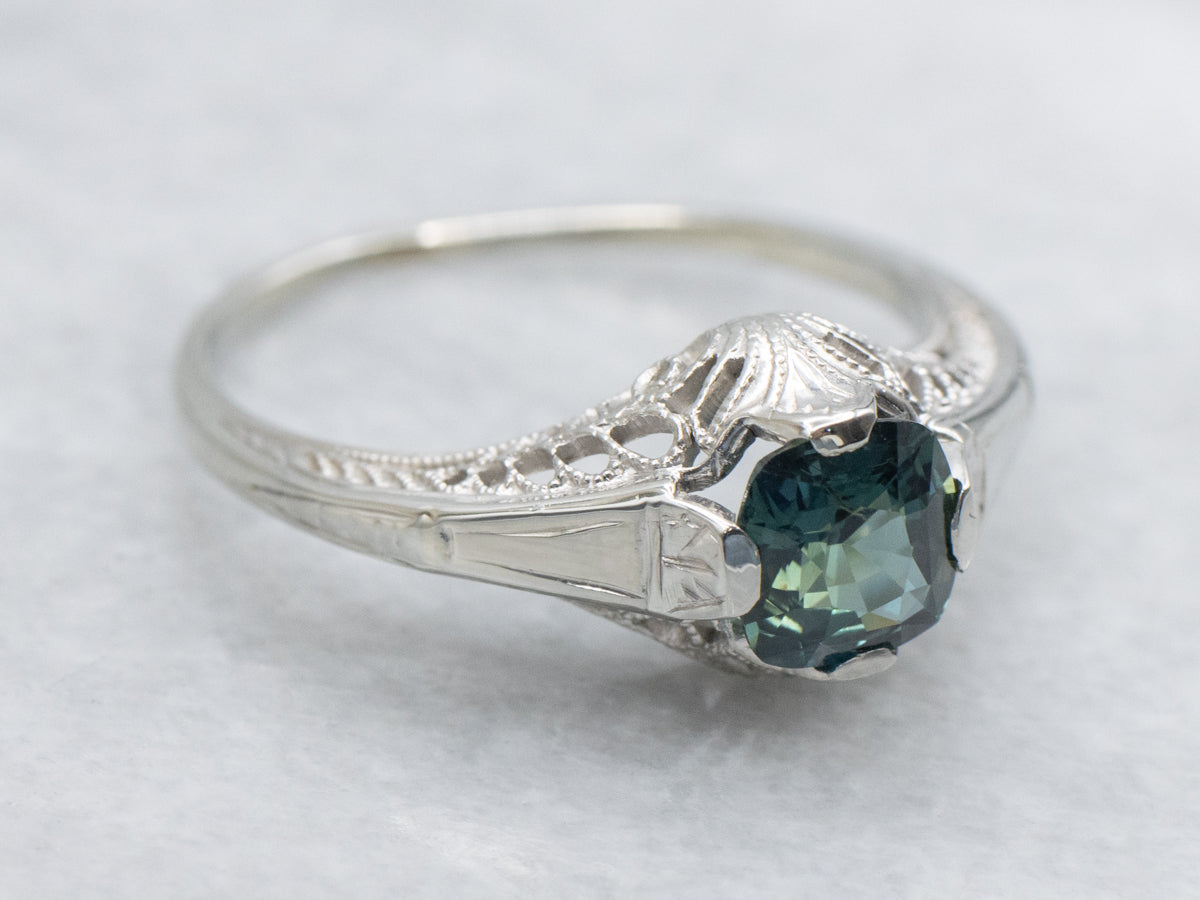 Sapphire Antique Gold Filigree Solitaire Engagement Ring