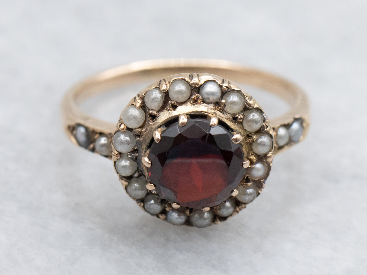 Vintage Gold Garnet and Seed Pearl Halo Ring