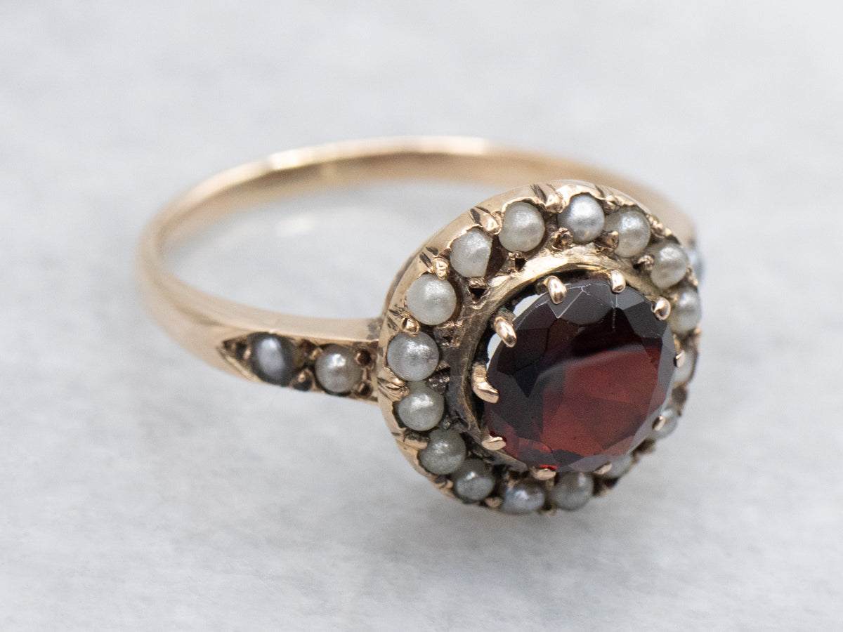 Vintage Gold Garnet and Seed Pearl Halo Ring