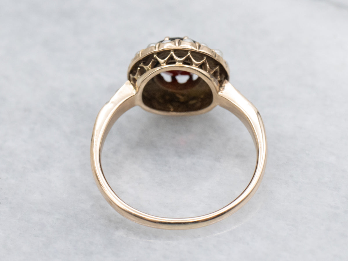 Vintage Gold Garnet and Seed Pearl Halo Ring