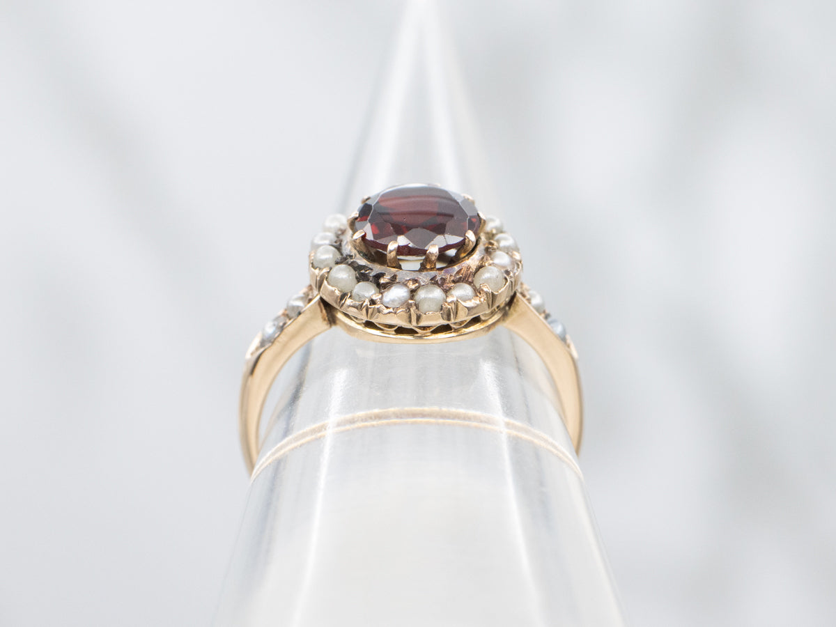 Vintage Gold Garnet and Seed Pearl Halo Ring