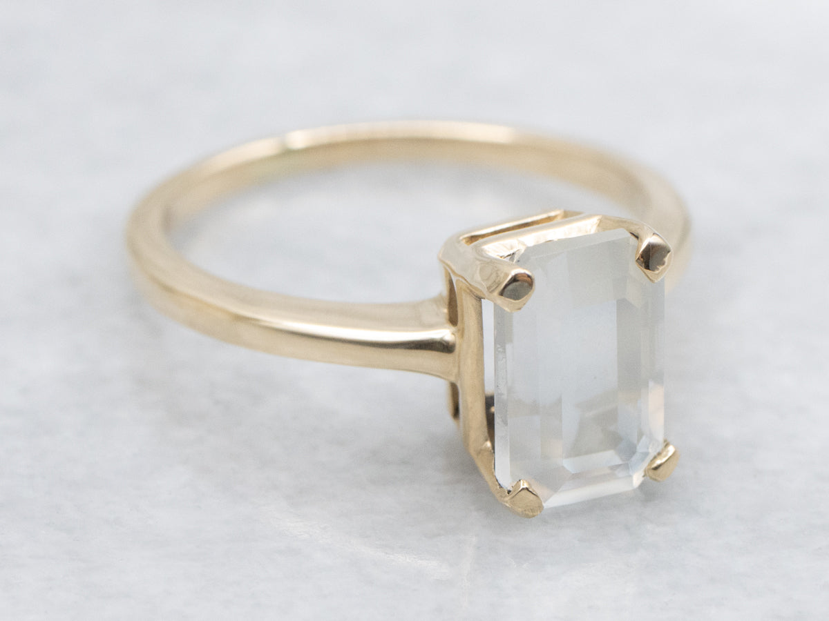Minimalist Emerald-Cut Moonstone Solitaire Ring