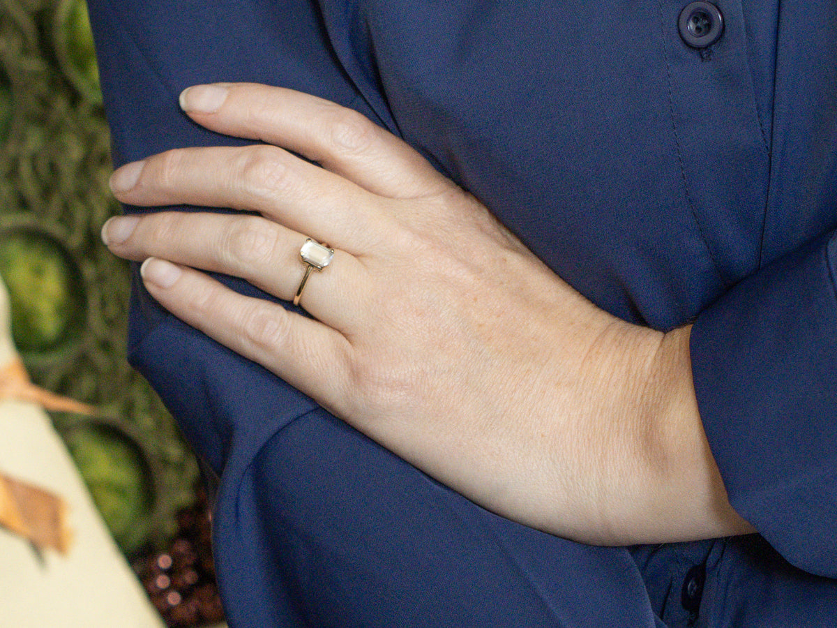 Minimalist Emerald-Cut Moonstone Solitaire Ring