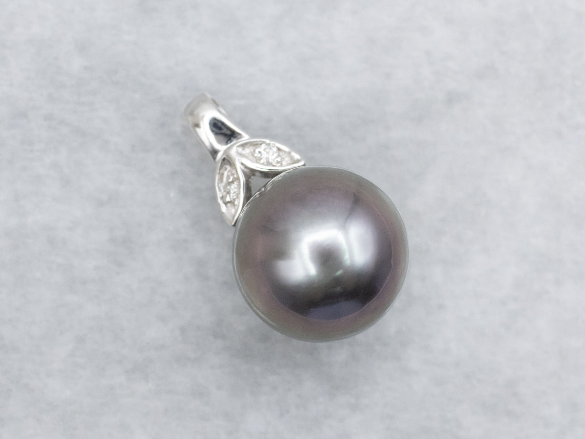 Grey Pearl and Diamond Botanical Pendant