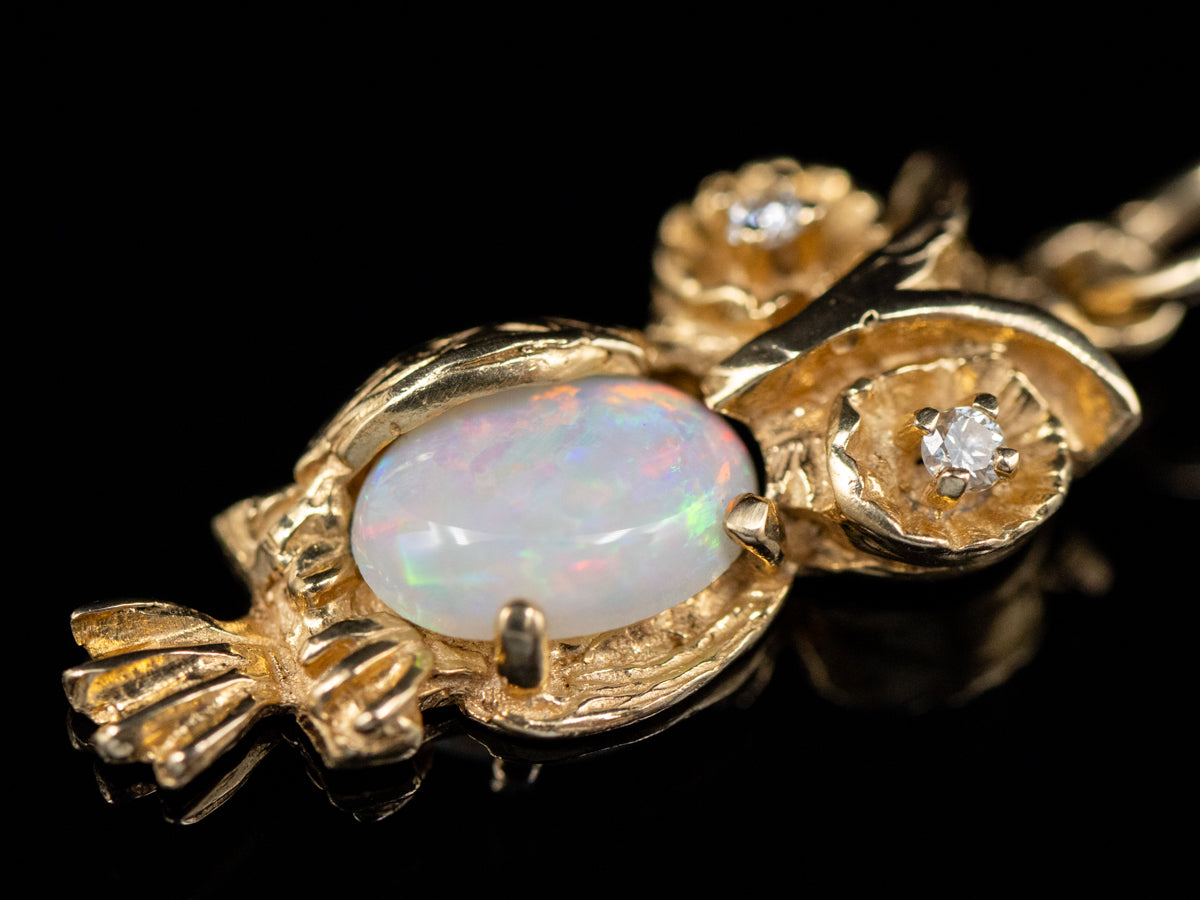 Opal and Diamond Eye Owl Pendant
