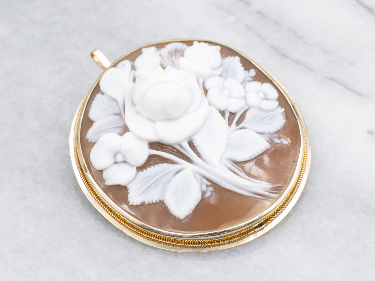 Vintage Floral Cameo Yellow Gold Pin or Pendant