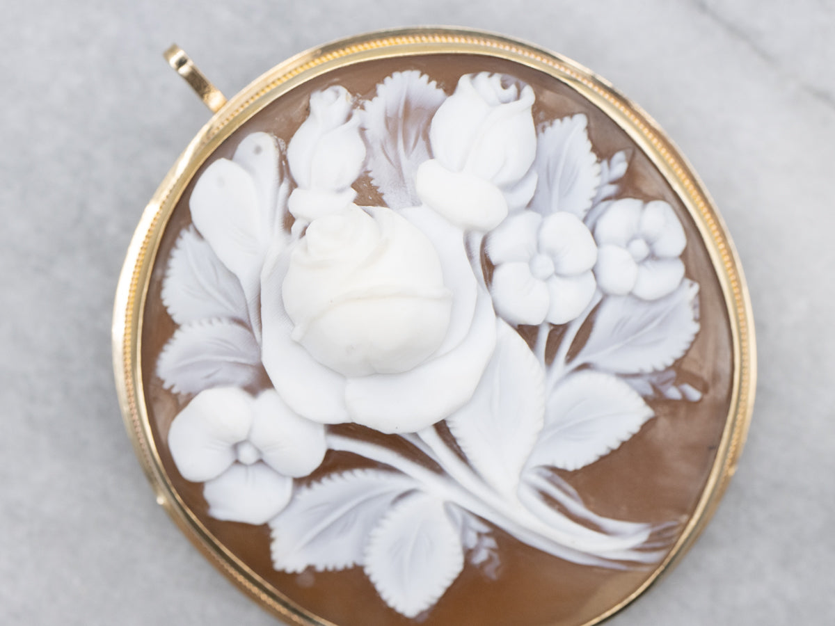 Vintage Floral Cameo Yellow Gold Pin or Pendant