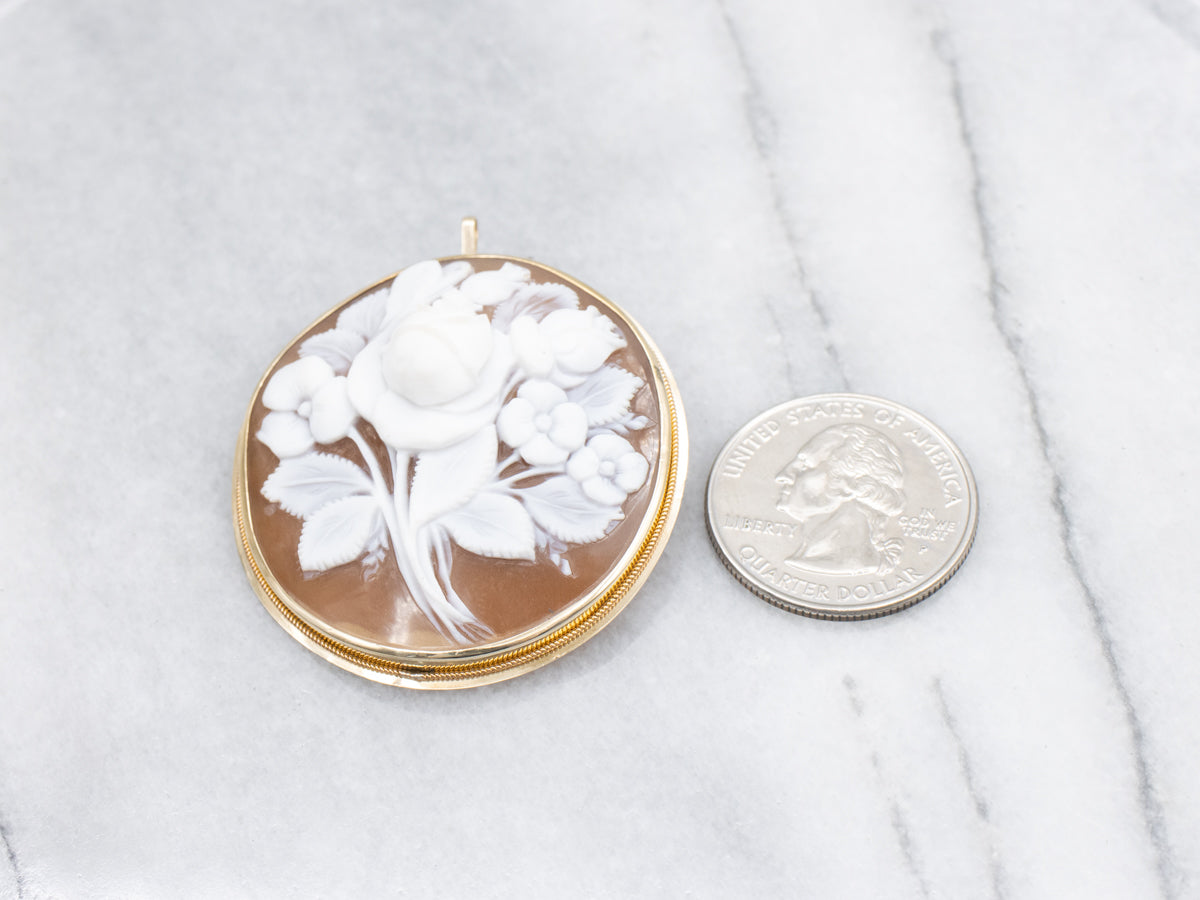 Vintage Floral Cameo Yellow Gold Pin or Pendant