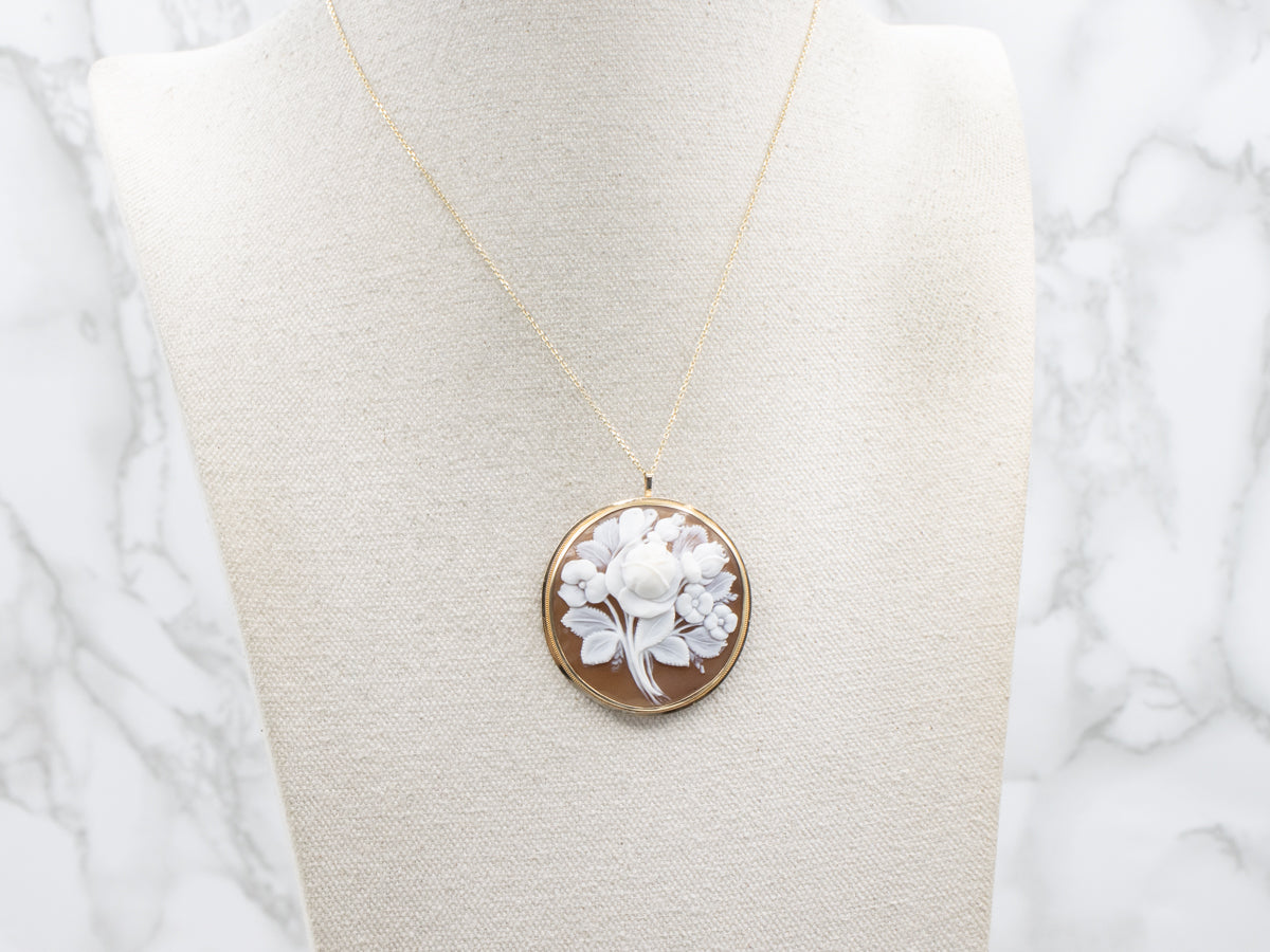 Vintage Floral Cameo Yellow Gold Pin or Pendant