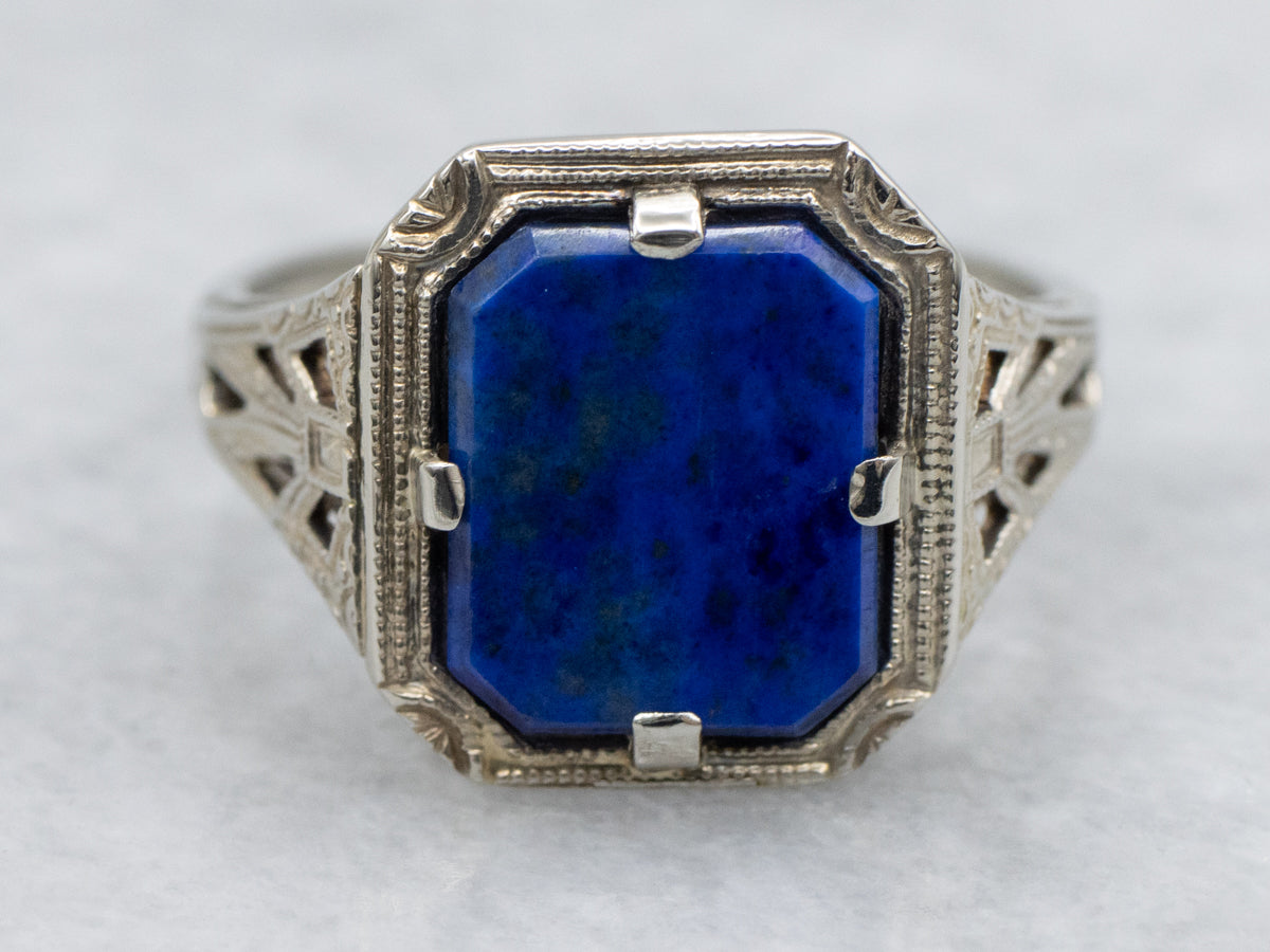 Lapis White Gold Filigree Solitaire Ring