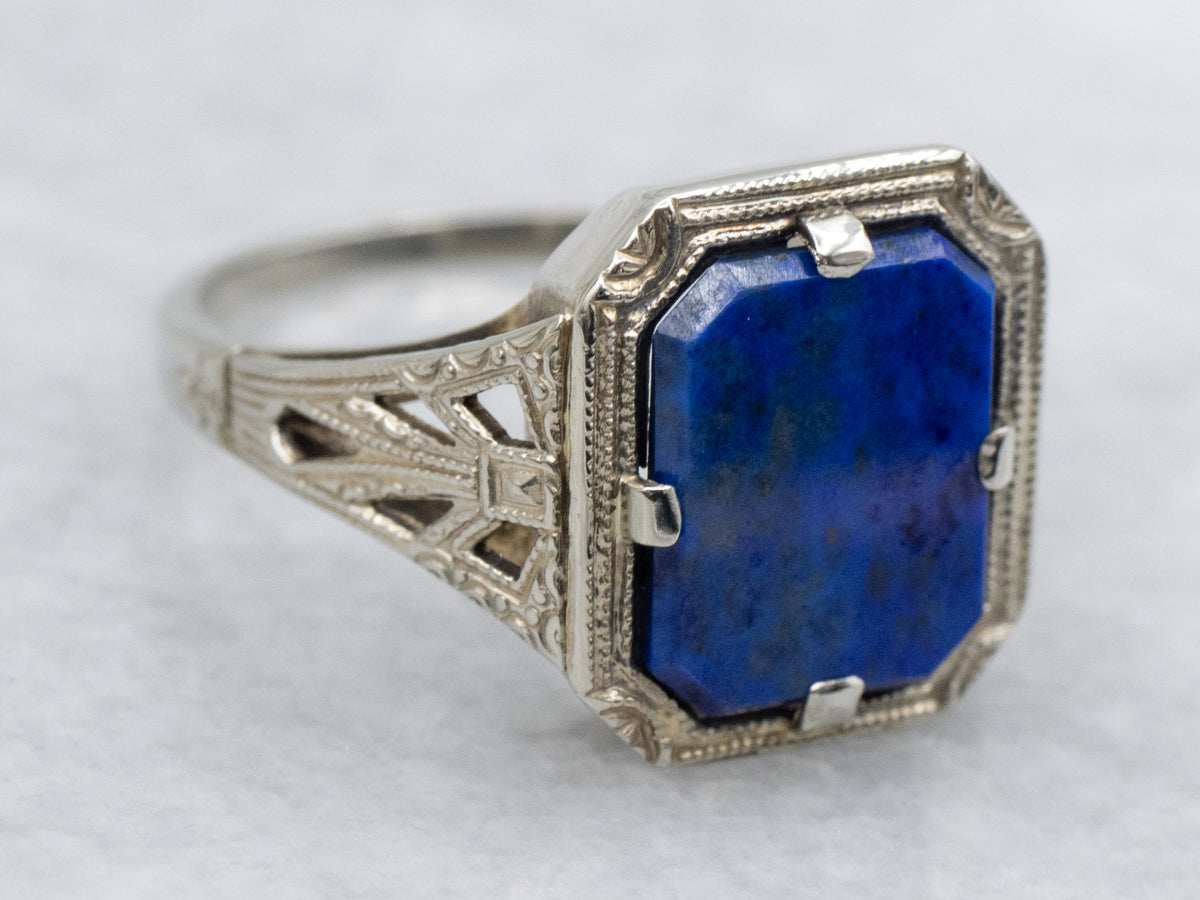 Lapis White Gold Filigree Solitaire Ring