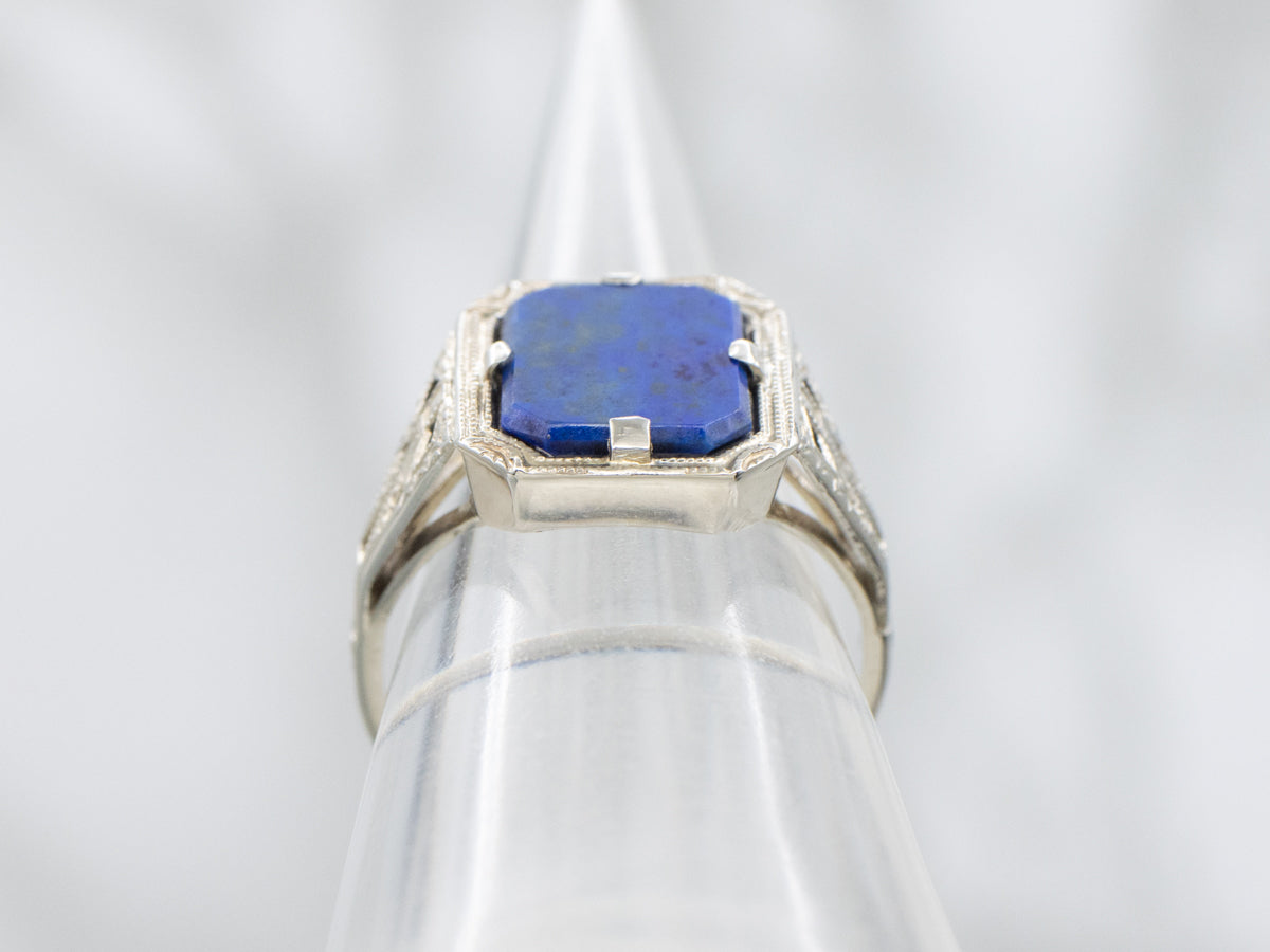Lapis White Gold Filigree Solitaire Ring