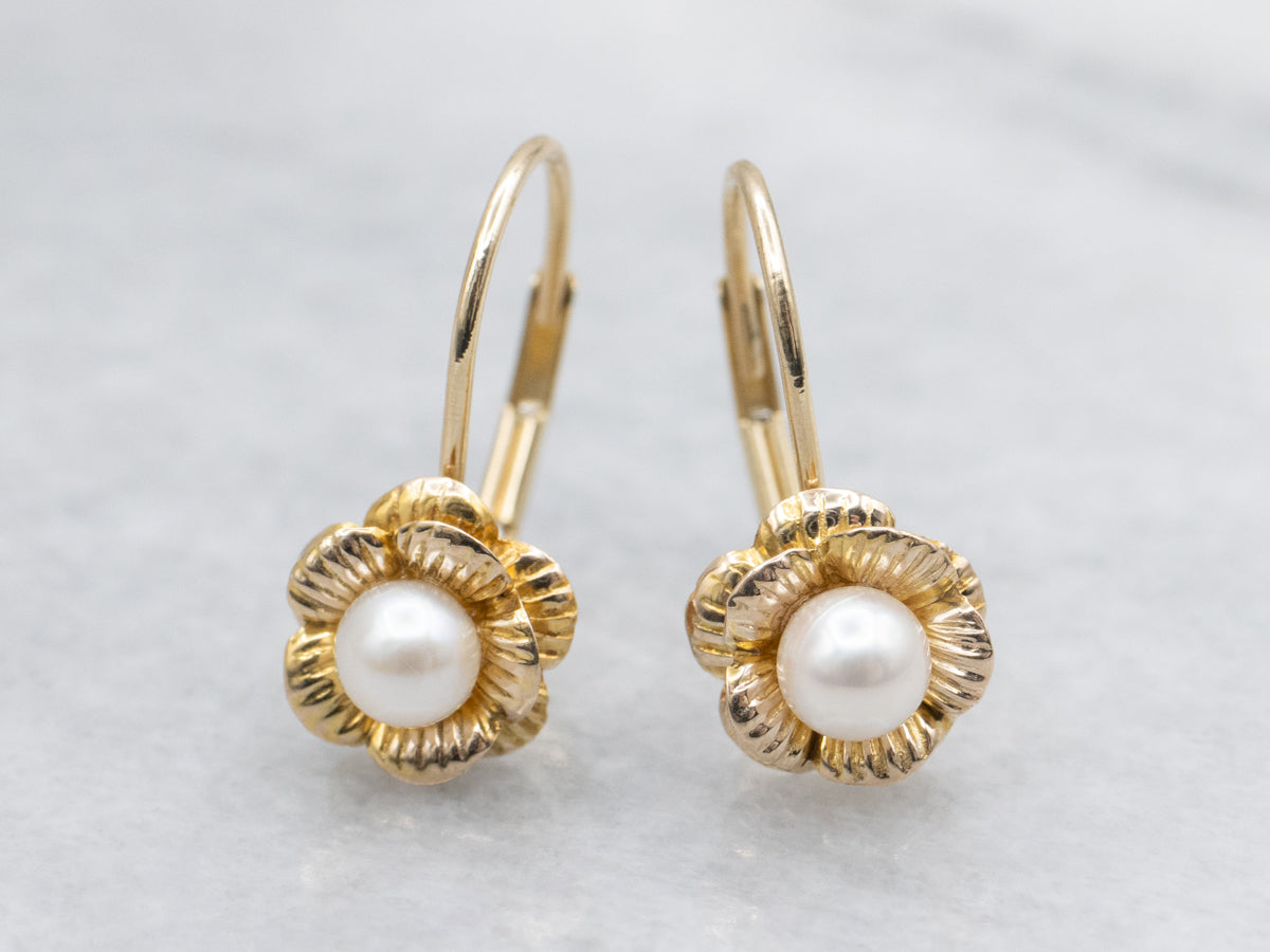White Pearl Drop Earrings in Pretty Gold Flower Settings
