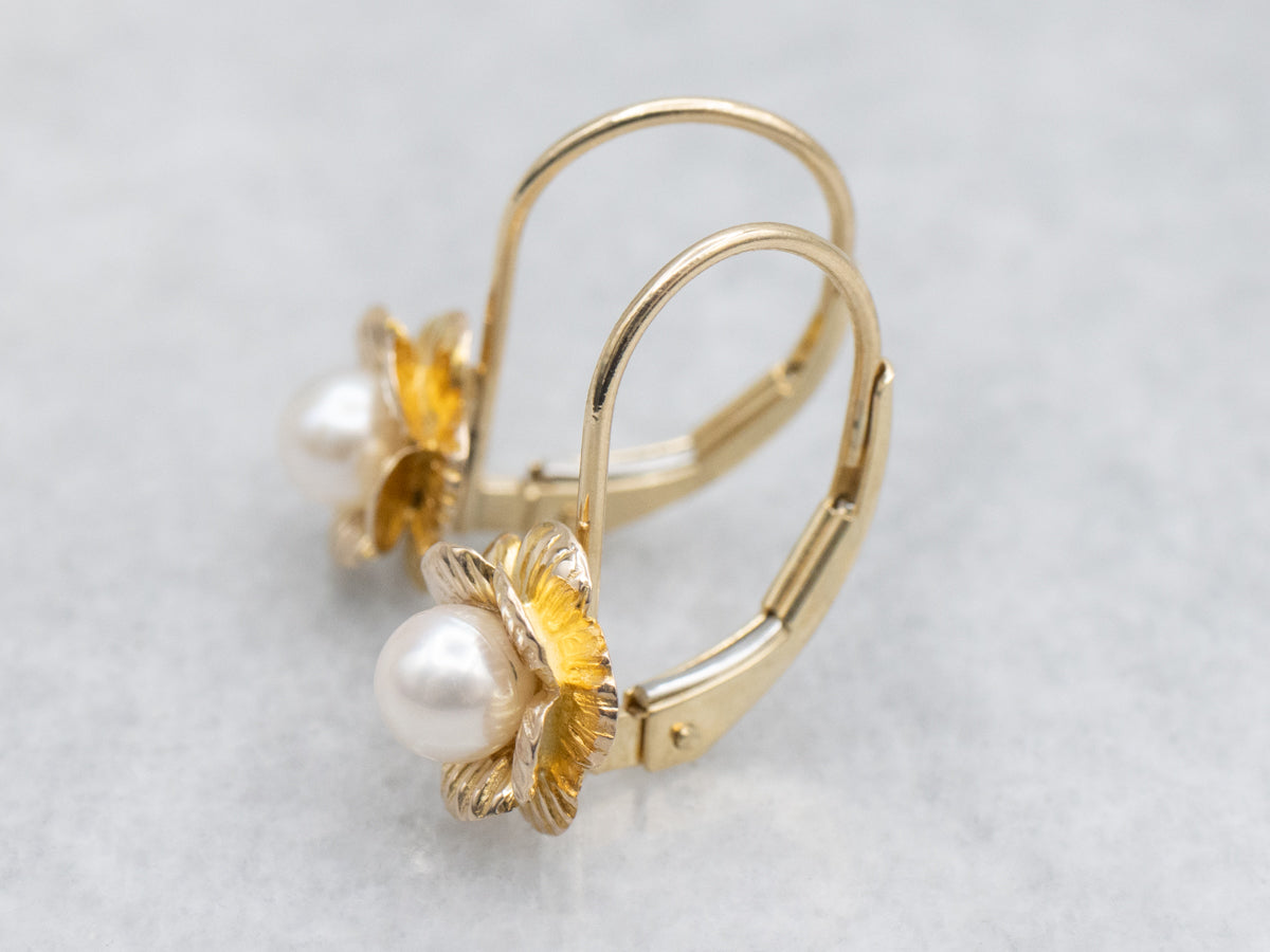 White Pearl Drop Earrings in Pretty Gold Flower Settings