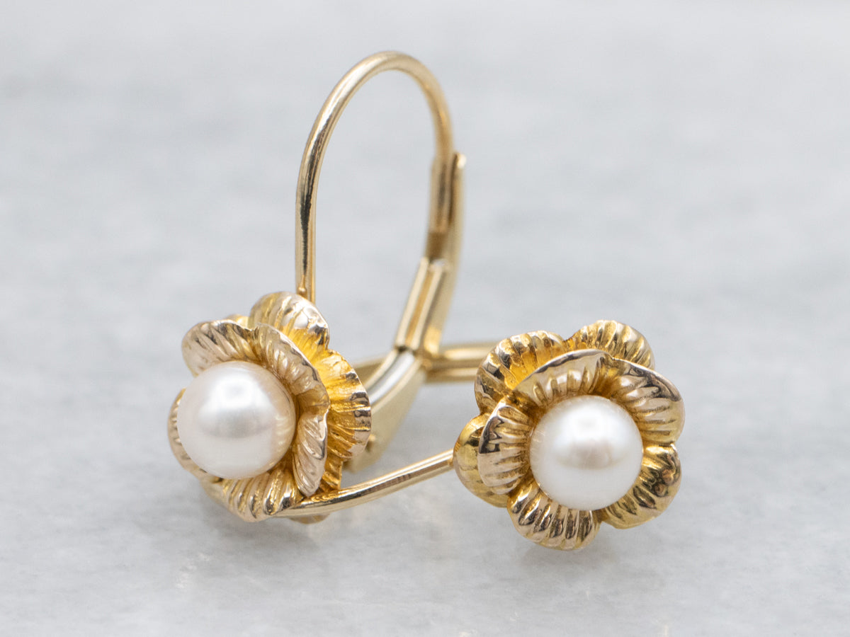 White Pearl Drop Earrings in Pretty Gold Flower Settings