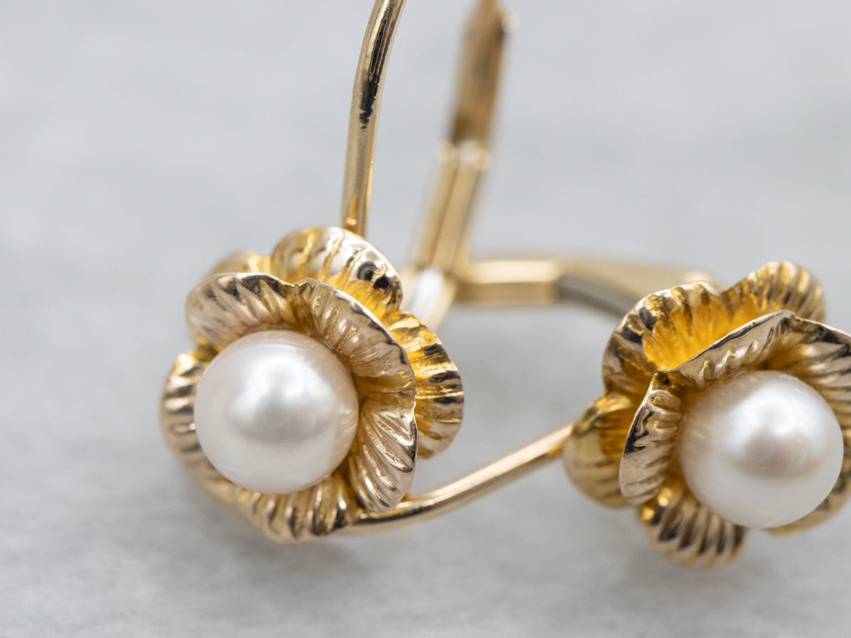 White Pearl Drop Earrings in Pretty Gold Flower Settings