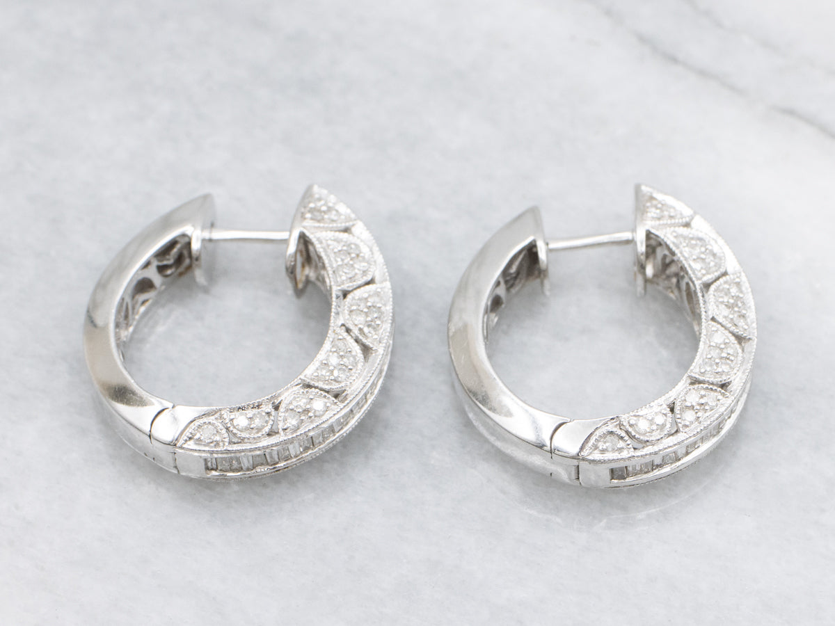 Modern Mix-Cut Diamond-Encrusted White Gold Hoop Earrings