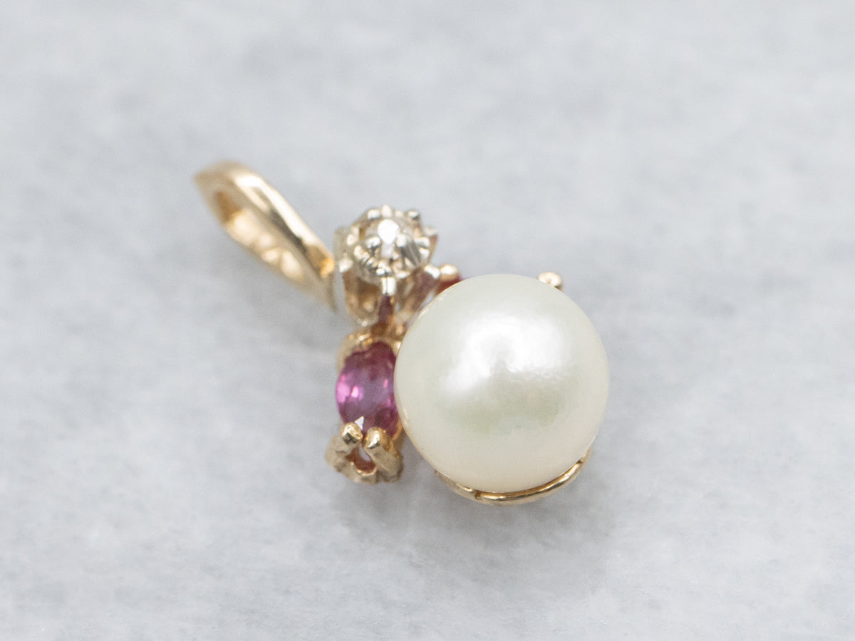 Pearl Yellow Gold Pendant with Ruby and Diamond Accent