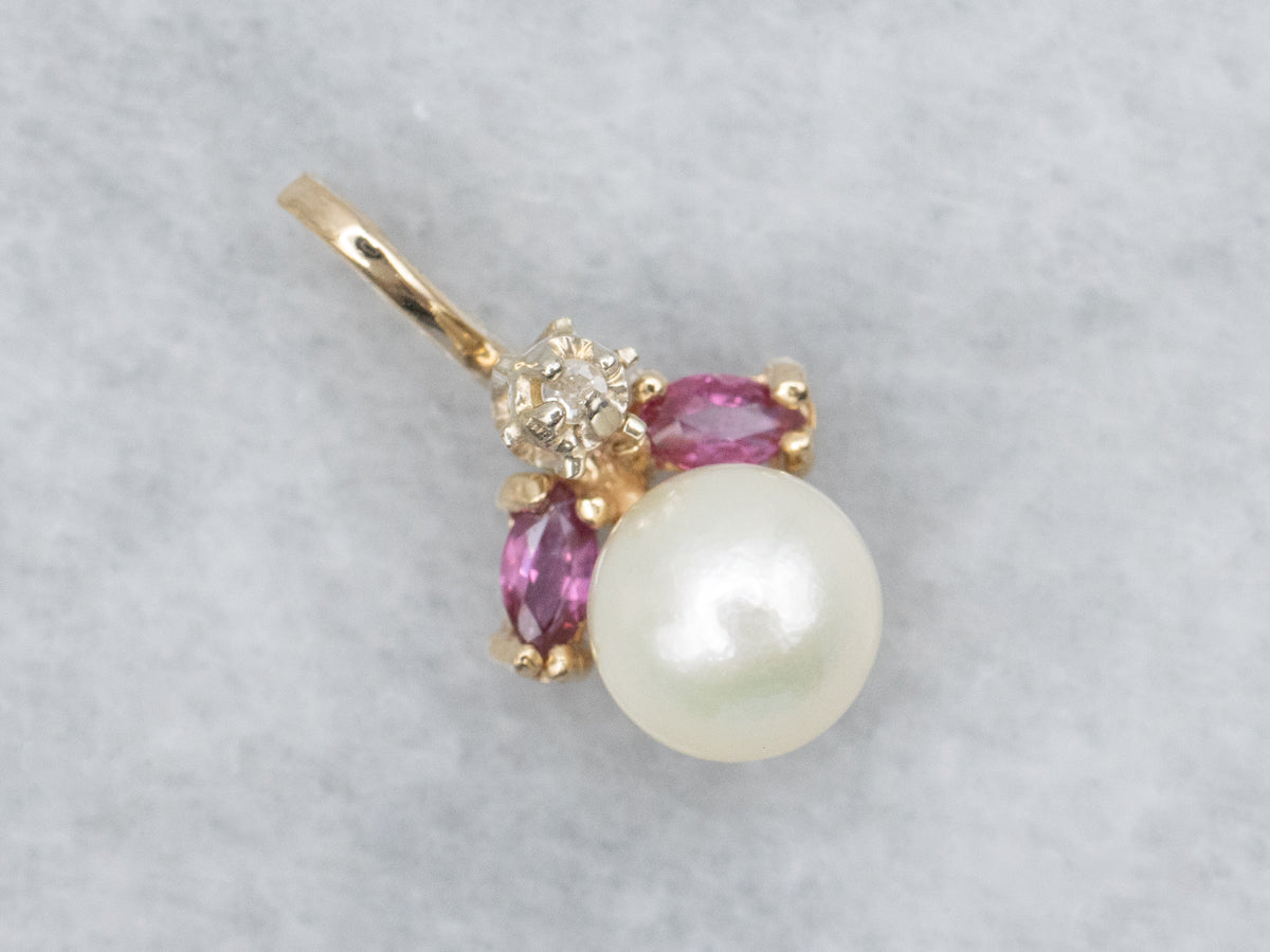 Pearl Yellow Gold Pendant with Ruby and Diamond Accent