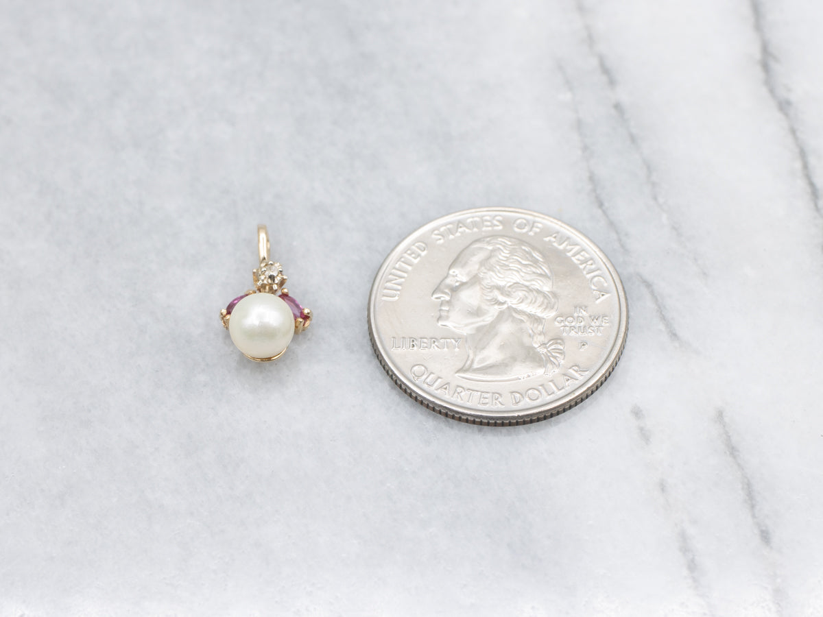 Pearl Yellow Gold Pendant with Ruby and Diamond Accent