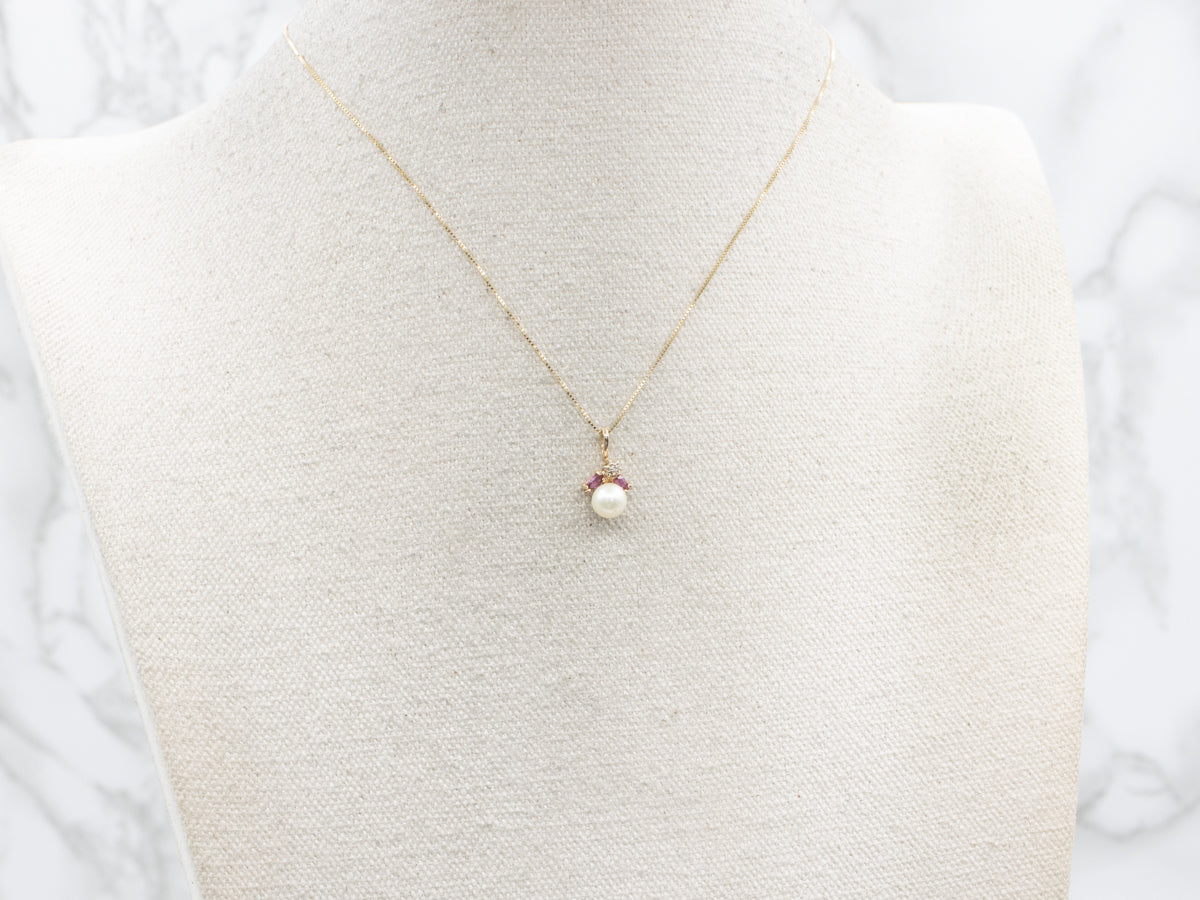 Pearl Yellow Gold Pendant with Ruby and Diamond Accent