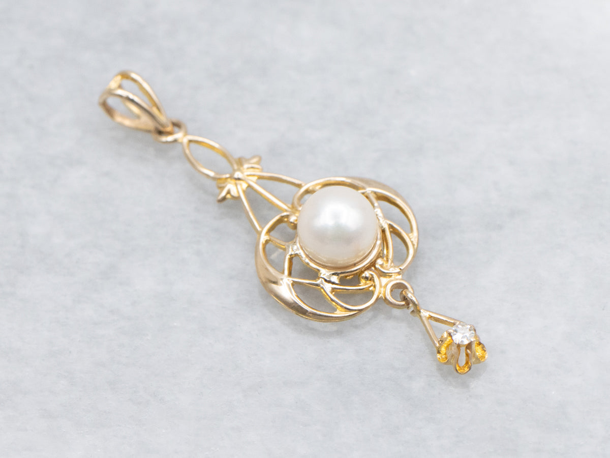 Antique Pearl and Old Mine Cut Diamond Lavalier Pendant