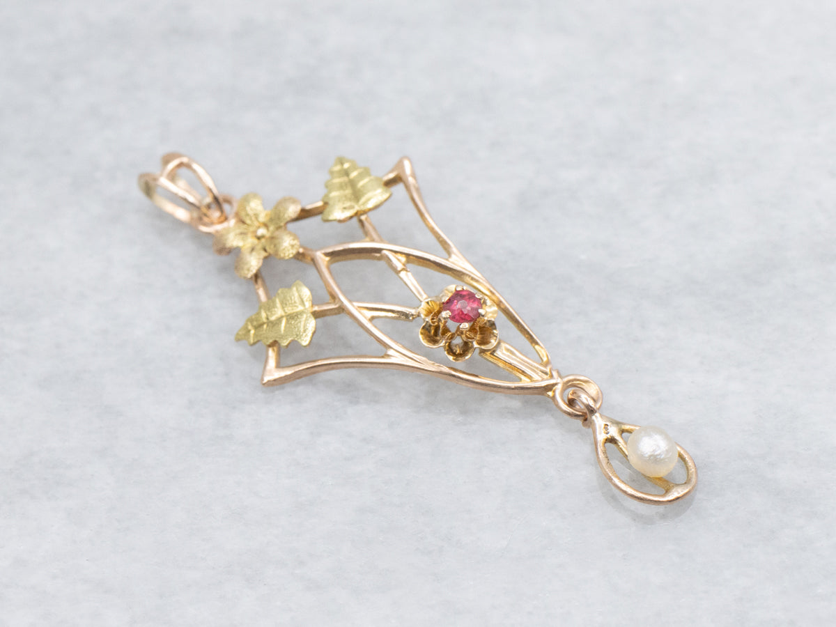 Botanical Ruby Doublet and Pearl Antique Lavalier Pendant