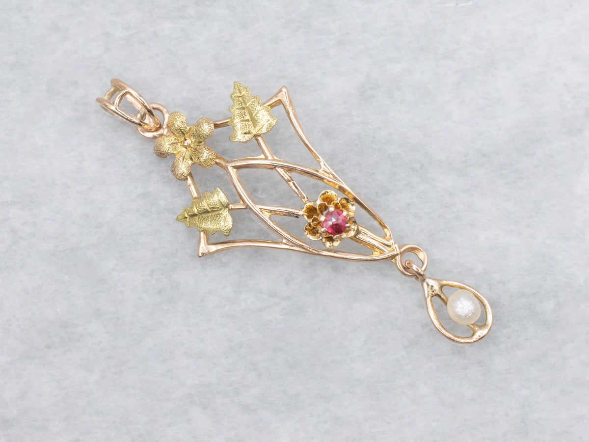 Botanical Ruby Doublet and Pearl Antique Lavalier Pendant