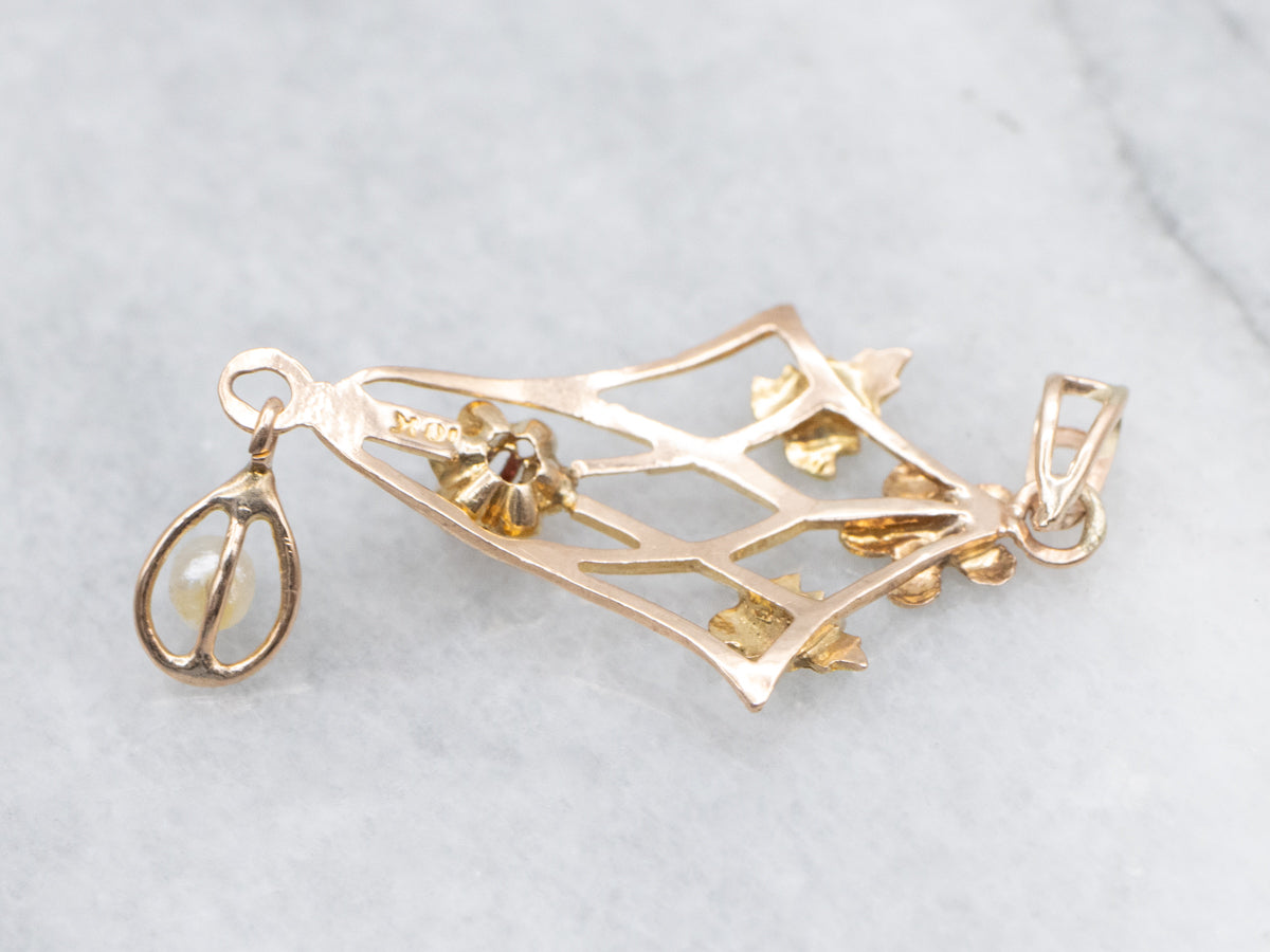 Botanical Ruby Doublet and Pearl Antique Lavalier Pendant